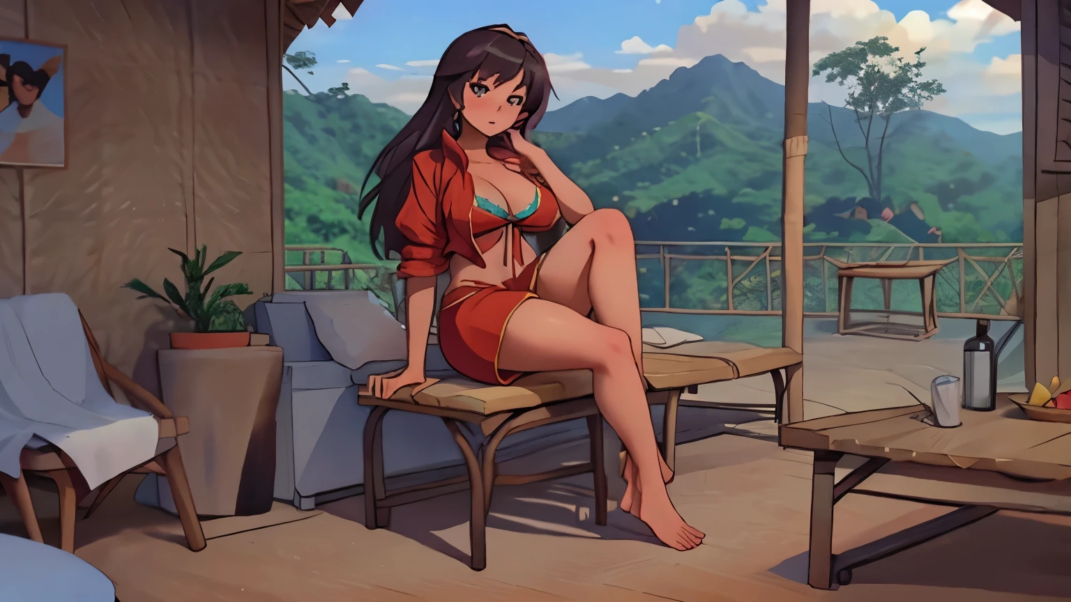 young barefoot woman sitting on veranda, full figure shot, m asterpiece, highly detailed big _bird_cage