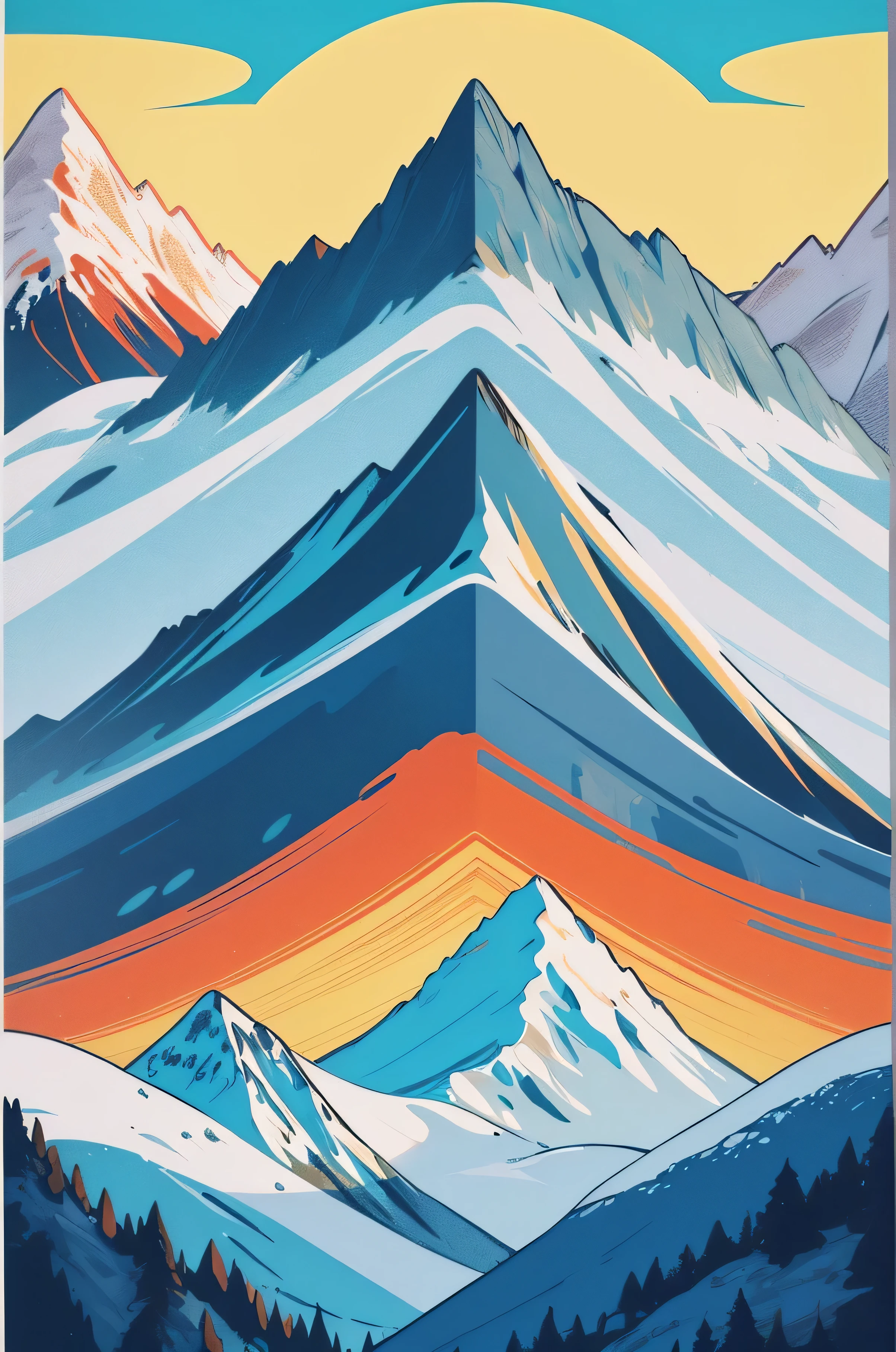 Samivel dessin vectoriel, Retro poster, vectoriel poster, Mountain vector retro poster, montagne des Alpes, Inspired by Samivel. couleur pastel, couleur douce