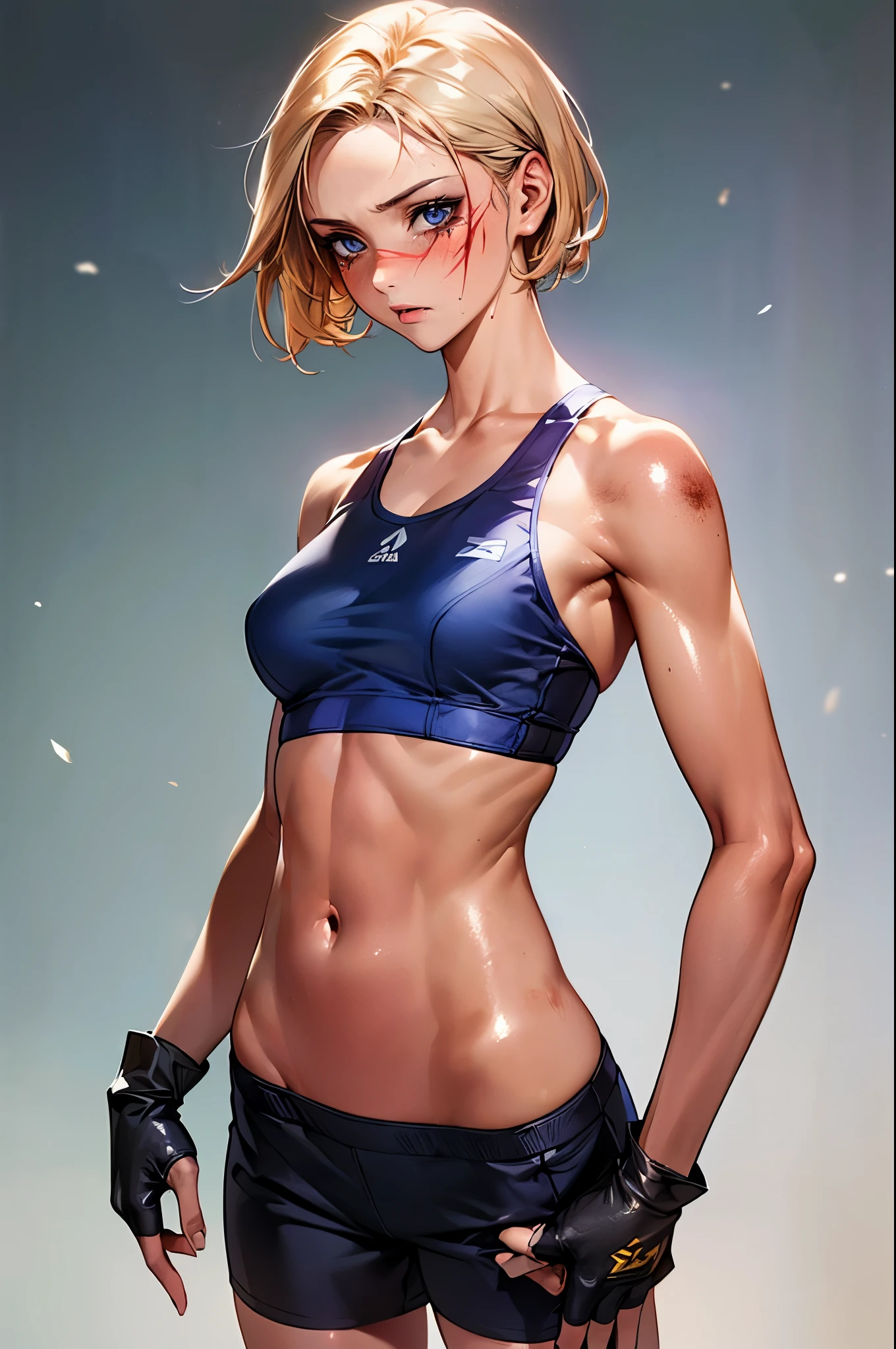 During a martial arts match、((perfect anatomy,realistic,:1.3,RAW Photography:1.3,masterpiece、highest quality、Ultra - High resolution、High resolution、Highly detailed CG、8K)),cowboy shot,1 female,solo,20 year old beauty、female martial arts athlete、beautiful detailed face and eyes,big and gorgeous eyes),dark blue eyes,(blonde hair,center parted bangs,big forehead,short hair),(large breasts,slender body,small head:1.4, toned body, gleaming skin,oily skin,shiny skgin,Bruises from being beaten a lot:1.7),(navy blue sports bra、Dark blue sports shorts、yellow open finger gloves)、kneeling、simple martial arts ring、dim lighting、underground、audience、