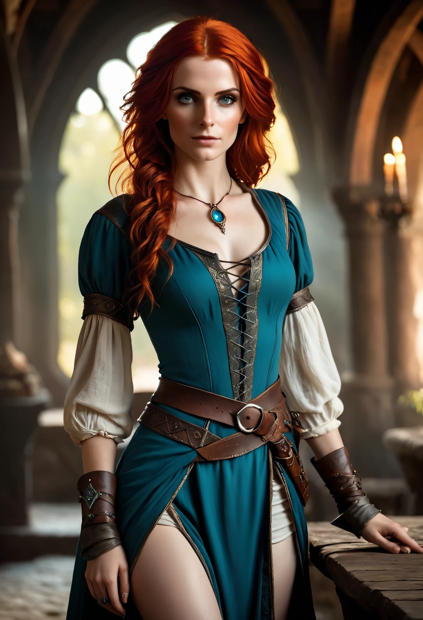 (Realistic:1.2), analog photo, RAW, female sorceress with red hair and tiny clothes, Triss Merigold, fantastic setting in "Witcher" style, whole body, soft natural light, cute and sexy, pleasure, detailed face and eyes, best quality, masterpiece, holding a short dagger in right hand, detailed fantasy background with medieval setting, (quality: 16k), Alluring. highly stylized. depth of field, bokeh effect, backlit, stylish, elegant, breathtaking, visually rich, masterpiece, full body shot.