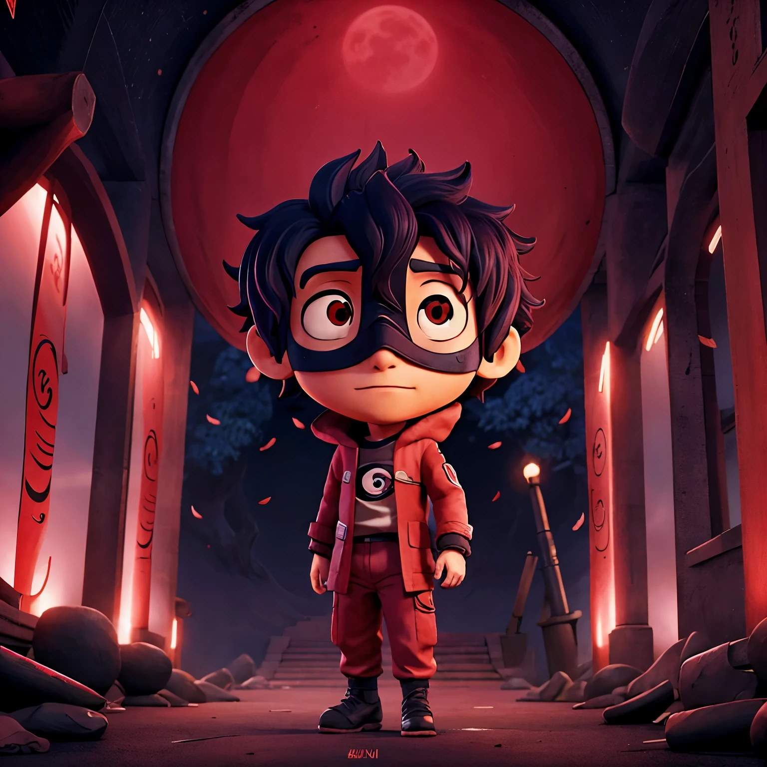 Obito Uchiha, lua vermelha no fundo, dark scenery, cartaz de um filme