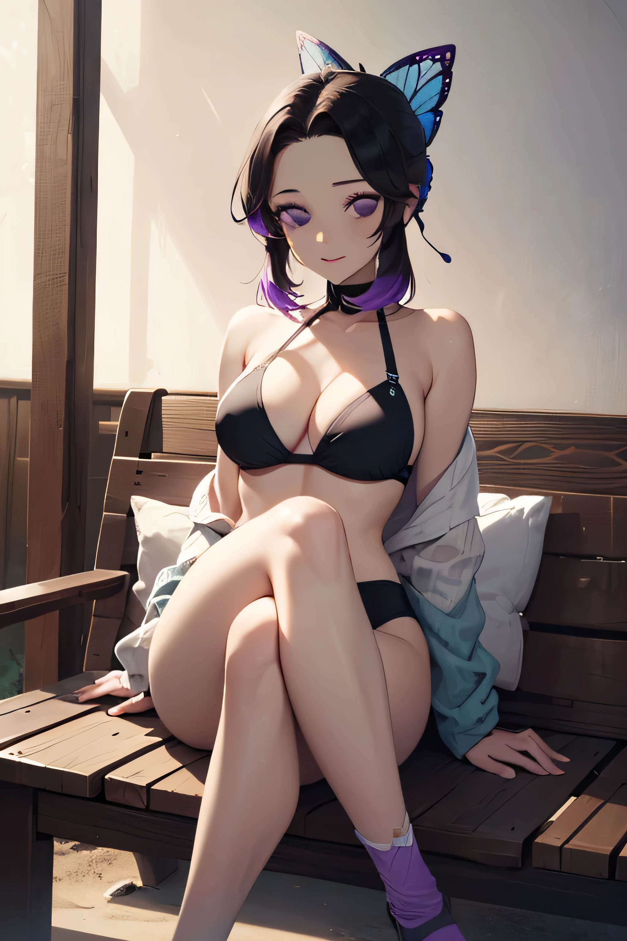 absurdres, high res, ultrasharp, 8K, {masterpiece}, expressive eyes, extremely detailed, best quality, perfect face, 1girl, solo, kochou shinobu, butterfly hair ornament, (purple eyes:1.3), multicolored hair, short hair, parted bangs, large breasts, pleased, beach, bikini, sitting, crossed legs,