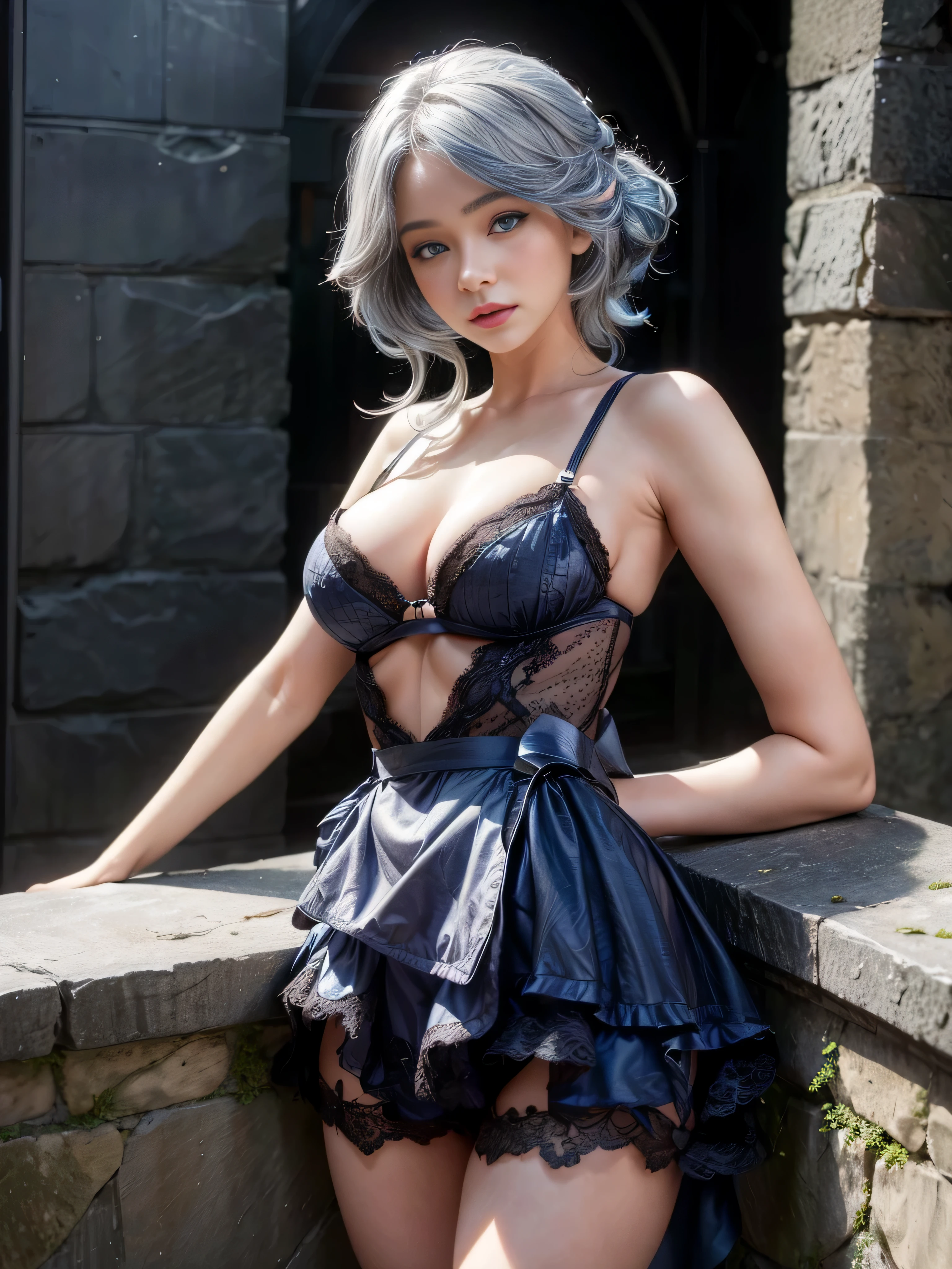 German woman in lingerie posing against stone wall, lace underwear big breasts, White lace petticoat, Lacey, wearing sexy lingerie, , Complex body, with beautiful exotic, scantily clad, , blue hair and perfect body, blue eyes，scantily clad, scantily clad!!, Sexy , Beautiful and detailed body and face, beautiful body, Thin black underwear