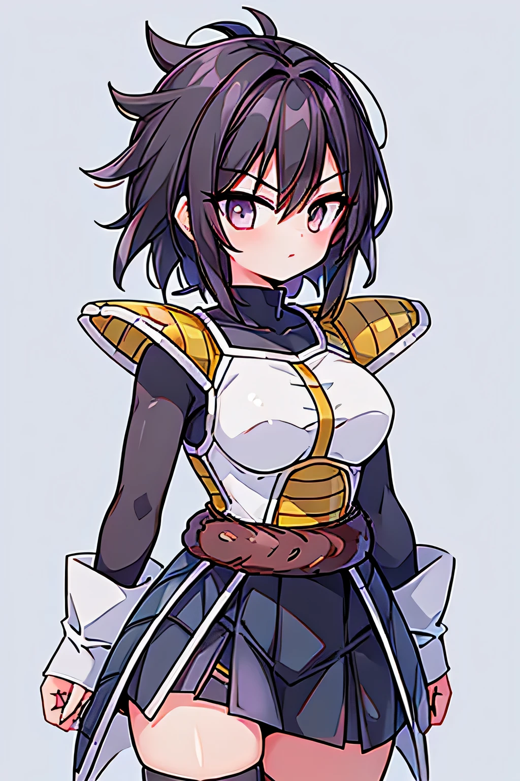 Girl, dark black hair, 80s hairstyle, scouter, saiyan armor, armor, skirt, spiky hair