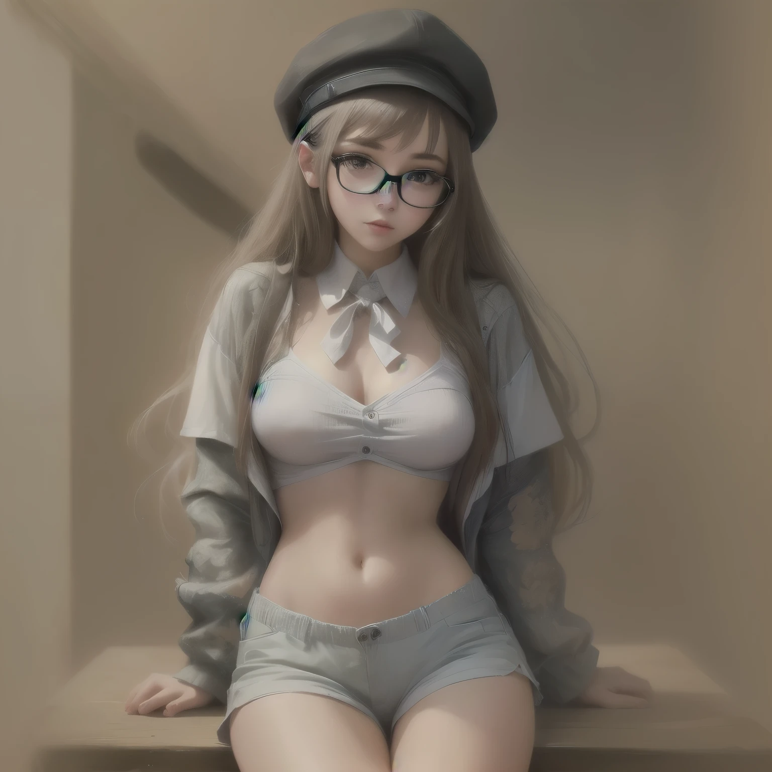 A bespectacled girl with long hair wearing a short white outfit with neckline showing her belly wearing a pair of shorts with long boots and hat