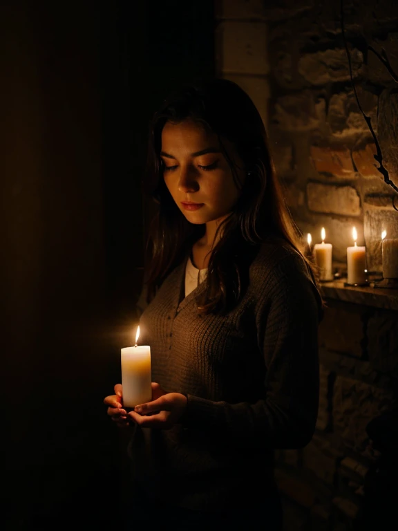 A girl holding a candle in a dark place 