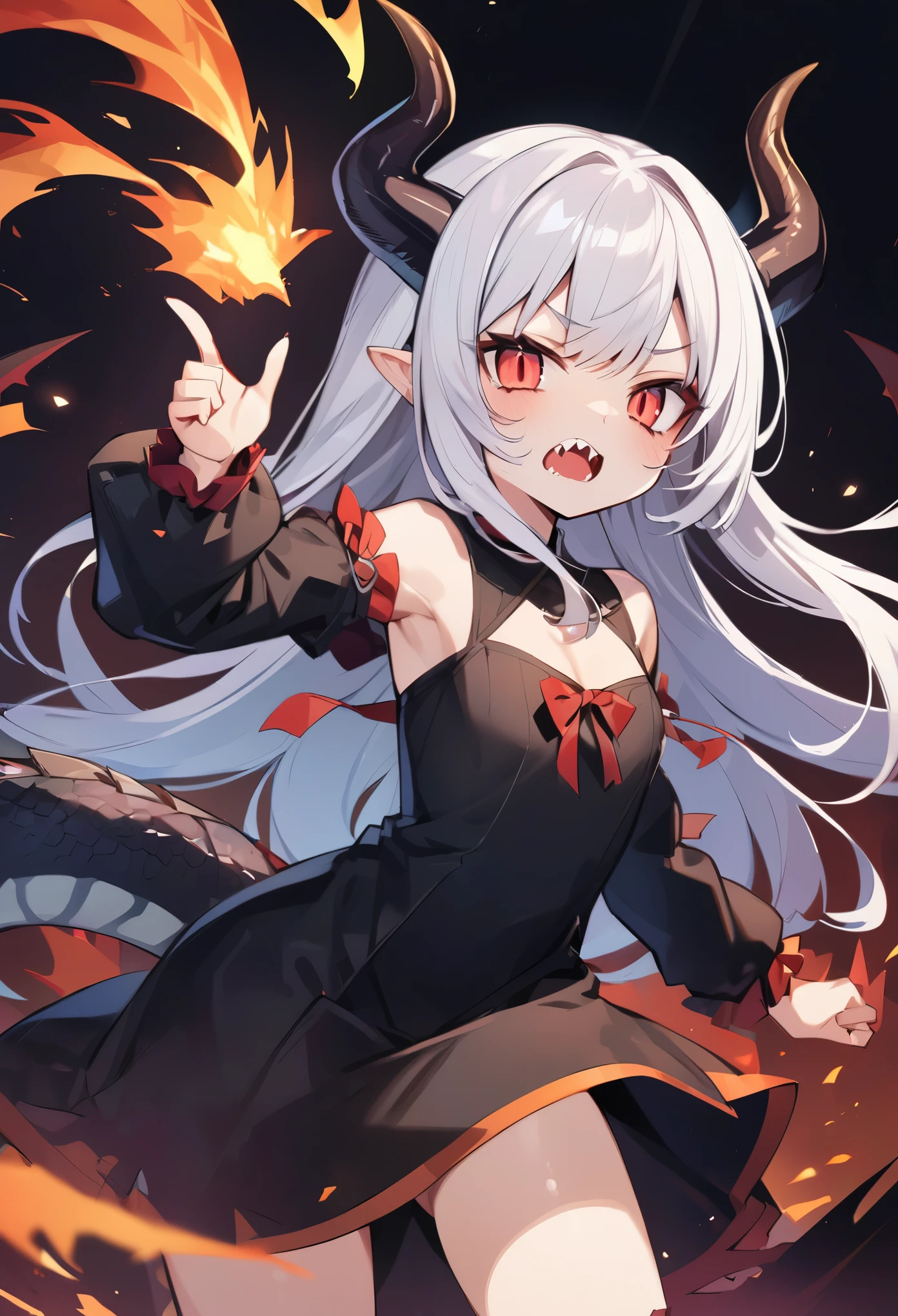 girl、((dragon tail))、dragon eyes、dragon horn、sharp fangs、open mouth、jagged teeth、dress