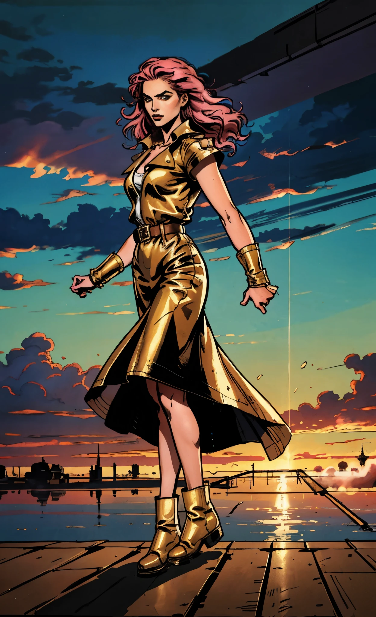 (A beautiful young girl with long curly pink hair, slender eyebrows, sparkling eyes, a bewildered expression, an oval-shapedl face with pale skin, a knee-length form-fitting leather trench coat with very short sleeves, she adorns both hands with metallic wrist guards in a sci-fi ancient civilization style, her long legs are clad in leather boots as she soars through the misty clouds), this character embodies a finely crafted fantasy-realism style western ranger in anime style, exquisite and mature manga art style, porcelain skin, perfect skin, perfect eyes, high definition, best quality, highres, ultra-detailed, ultra-fine painting, extremely delicate, professional, anatomically correct, symmetrical face, extremely detailed eyes and face, high quality eyes, creativity, RAW photo, UHD, 32k, Natural light, cinematic lighting, masterpiece-anatomy-perfect, masterpiece:1.5