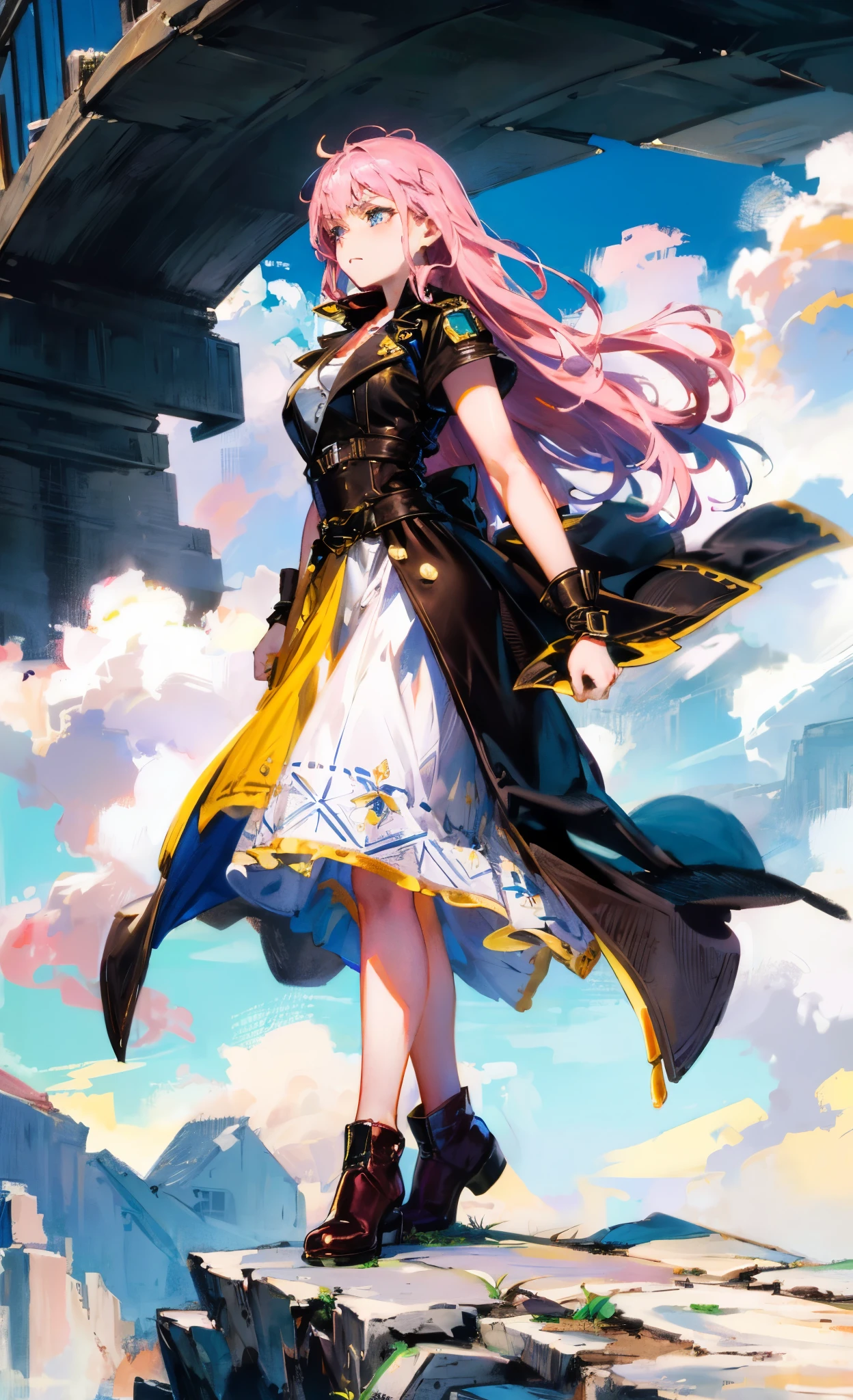 (A beautiful young girl with long curly pink hair, slender eyebrows, sparkling eyes, a bewildered expression, an oval-shapedl face with pale skin, a knee-length form-fitting leather trench coat with very short sleeves, she adorns both hands with metallic wrist guards in a sci-fi ancient civilization style, her long legs are clad in leather boots as she soars through the misty clouds), this character embodies a finely crafted fantasy-realism style western ranger in anime style, exquisite and mature manga art style, porcelain skin, perfect skin, perfect eyes, high definition, best quality, highres, ultra-detailed, ultra-fine painting, extremely delicate, professional, anatomically correct, symmetrical face, extremely detailed eyes and face, high quality eyes, creativity, RAW photo, UHD, 32k, Natural light, cinematic lighting, masterpiece-anatomy-perfect, masterpiece:1.5