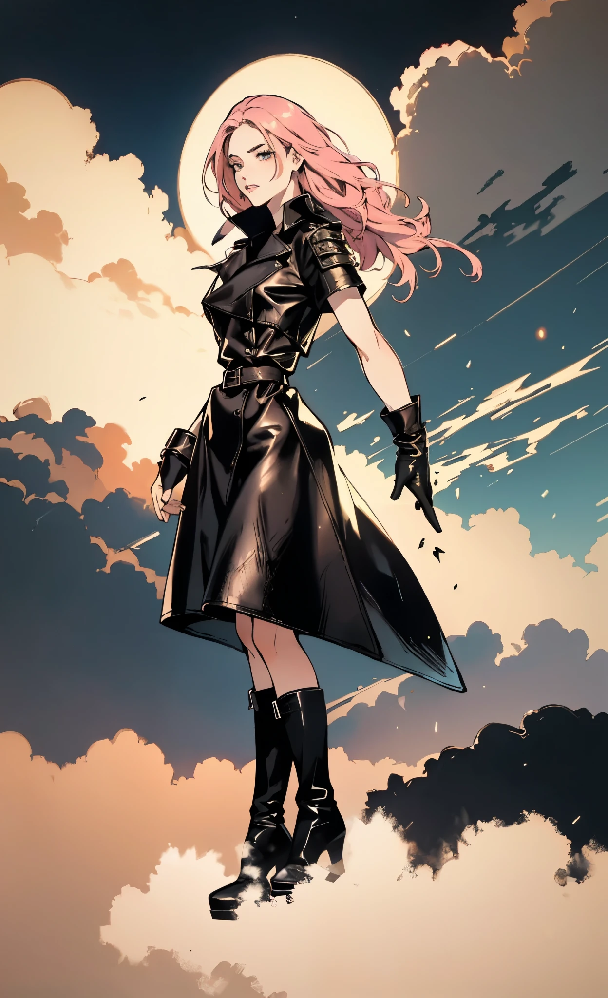 (A beautiful young girl with long curly pink hair, slender eyebrows, sparkling eyes, a bewildered expression, an oval-shapedl face with pale skin, a knee-length form-fitting leather trench coat with very short sleeves, she adorns both hands with metallic wrist guards in a sci-fi ancient civilization style, her long legs are clad in leather boots as she soars through the misty clouds), this character embodies a finely crafted fantasy-realism style western ranger in anime style, exquisite and mature manga art style, porcelain skin, perfect skin, perfect eyes, high definition, best quality, highres, ultra-detailed, ultra-fine painting, extremely delicate, professional, anatomically correct, symmetrical face, extremely detailed eyes and face, high quality eyes, creativity, RAW photo, UHD, 32k, Natural light, cinematic lighting, masterpiece-anatomy-perfect, masterpiece:1.5