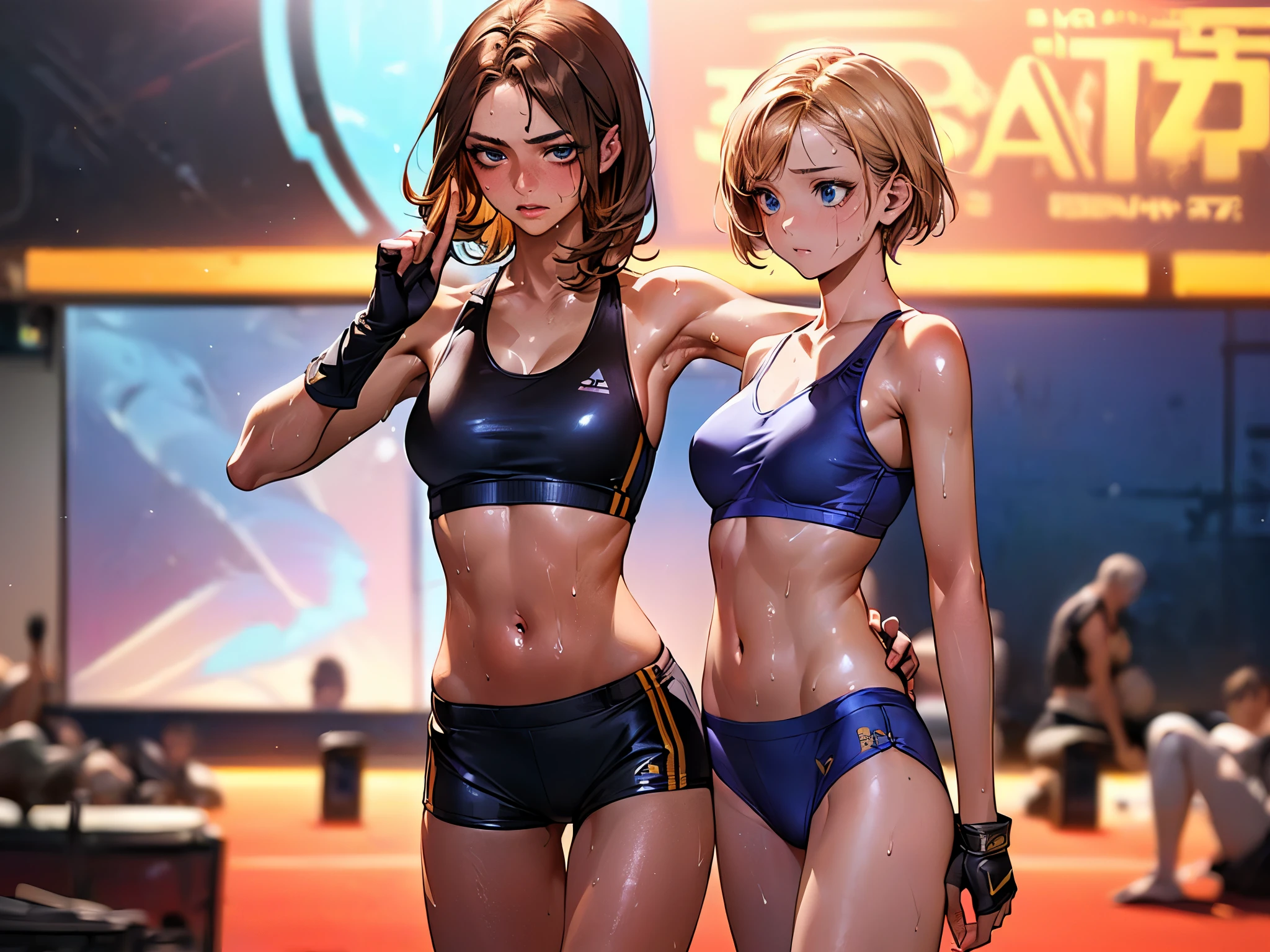 (((2woman,A woman with short brown hair and a woman with short blonde hair are in a martial arts match、Brunette woman hits blonde woman:1.7、injured blonde woman)))、((perfect anatomy:1.7,realistic,:1.3,RAW Photography:1.3,masterpiece、highest quality、Ultra - High resolution、High resolution、Highly detailed CG、8K)),cowboy shot,20 year old beauty、female martial arts athlete、beautiful detailed face and eyes,big and gorgeous eyes),dark blue eyes,(blonde hair,center parted bangs,short hair),(large breasts,slender body,small head:1.4, toned body, gleaming skin,oily skin,shiny skgin,sweat:1.5),((navy blue sports bra、Dark blue sports shorts、black open finger gloves))、simple martial arts ring、dim lighting、parking lot、audience、