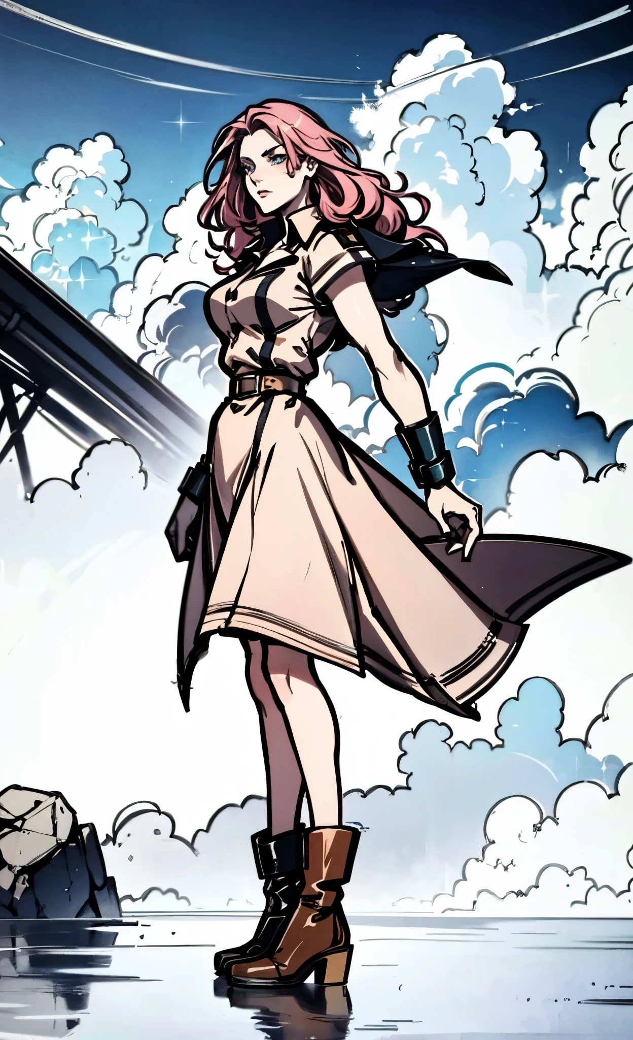 (A beautiful young girl with long curly pink hair, slender eyebrows, sparkling eyes, a bewildered expression, an oval-shapedl face with pale skin, a knee-length form-fitting leather trench coat with very short sleeves, she adorns both hands with metallic wrist guards in a sci-fi ancient civilization style, her long legs are clad in leather boots as she soars through the misty clouds), this character embodies a finely crafted fantasy-realism style western ranger in anime style, exquisite and mature manga art style, porcelain skin, perfect skin, perfect eyes, high definition, best quality, highres, ultra-detailed, ultra-fine painting, extremely delicate, professional, anatomically correct, symmetrical face, extremely detailed eyes and face, high quality eyes, creativity, RAW photo, UHD, 32k, Natural light, cinematic lighting, masterpiece-anatomy-perfect, masterpiece:1.5