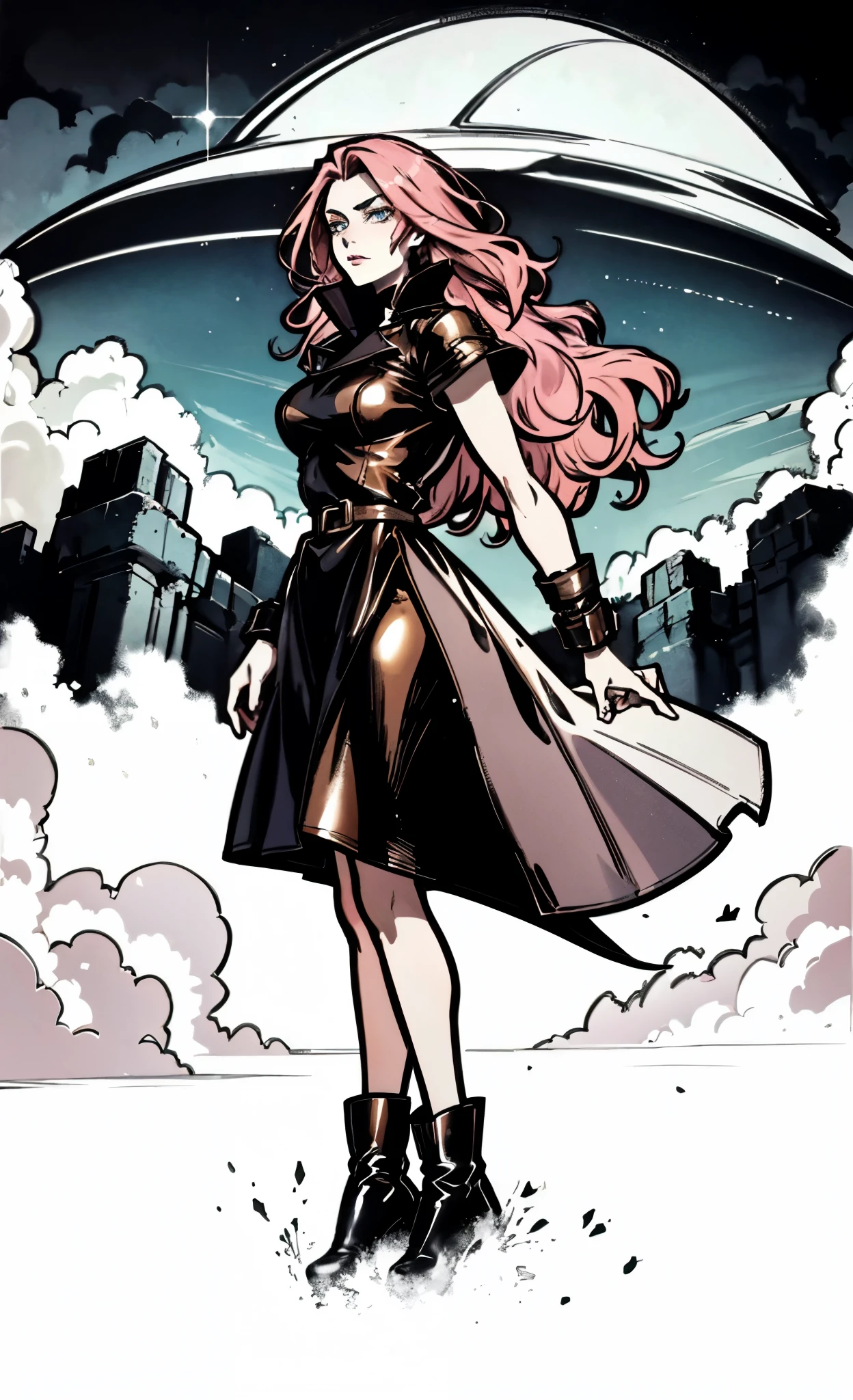 (A beautiful young girl with long curly pink hair, slender eyebrows, sparkling eyes, a bewildered expression, an oval-shapedl face with pale skin, a knee-length form-fitting leather trench coat with very short sleeves, she adorns both hands with metallic wrist guards in a sci-fi ancient civilization style, her long legs are clad in leather boots as she soars through the misty clouds), this character embodies a finely crafted fantasy-realism style western ranger in anime style, exquisite and mature manga art style, porcelain skin, perfect skin, perfect eyes, high definition, best quality, highres, ultra-detailed, ultra-fine painting, extremely delicate, professional, anatomically correct, symmetrical face, extremely detailed eyes and face, high quality eyes, creativity, RAW photo, UHD, 32k, Natural light, cinematic lighting, masterpiece-anatomy-perfect, masterpiece:1.5