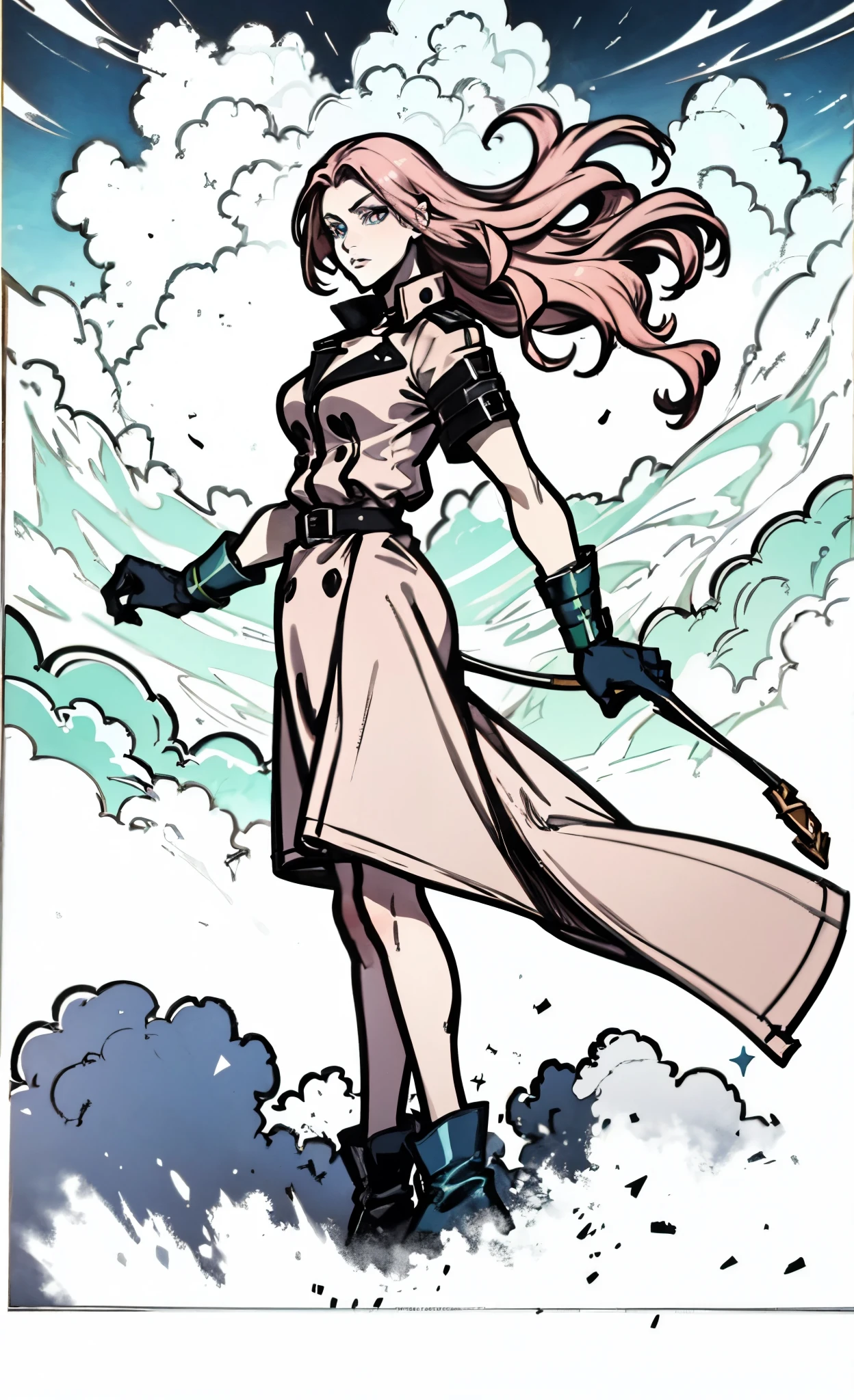 (A beautiful young girl with long curly pink hair, slender eyebrows, sparkling eyes, a bewildered expression, an oval-shapedl face with pale skin, a knee-length form-fitting leather trench coat with very short sleeves, she adorns both hands with metallic wrist guards in a sci-fi ancient civilization style, her long legs are clad in leather boots as she soars through the misty clouds), this character embodies a finely crafted fantasy-realism style western ranger in anime style, exquisite and mature manga art style, porcelain skin, perfect skin, perfect eyes, high definition, best quality, highres, ultra-detailed, ultra-fine painting, extremely delicate, professional, anatomically correct, symmetrical face, extremely detailed eyes and face, high quality eyes, creativity, RAW photo, UHD, 32k, Natural light, cinematic lighting, masterpiece-anatomy-perfect, masterpiece:1.5