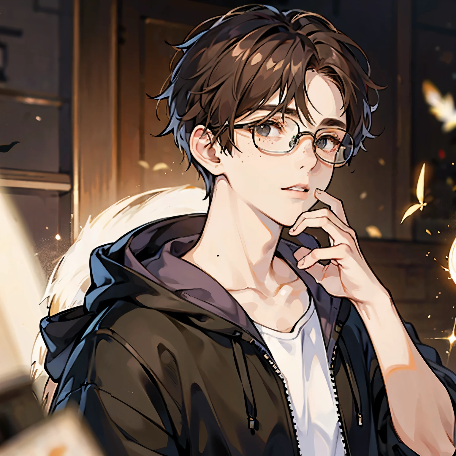 1 man, pale,glasses, brown hair, black eyes, freckles, hoodie