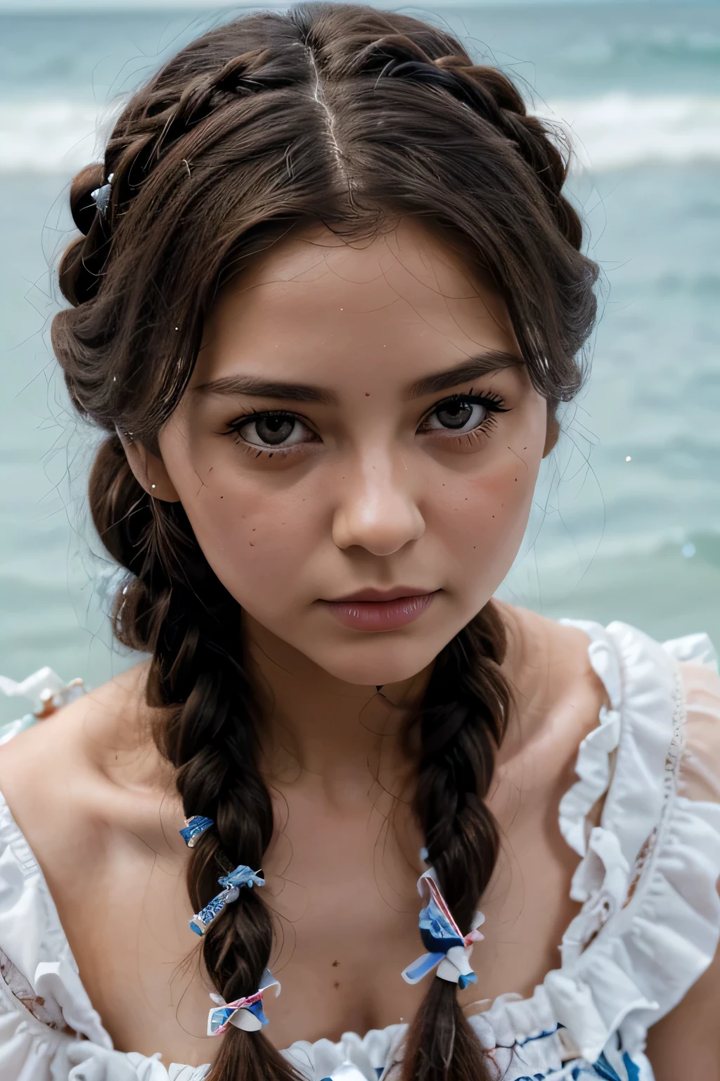 best quality, ultra hi res, photoreaslistic, a photography of a beautiful woman, 30yo age, detailed face, black Messy fishtail braid, (detailed porcelain doll,delicate clothes with a lot of frills and ribbons), Beach, (face close up), seductive look, looking at viewer