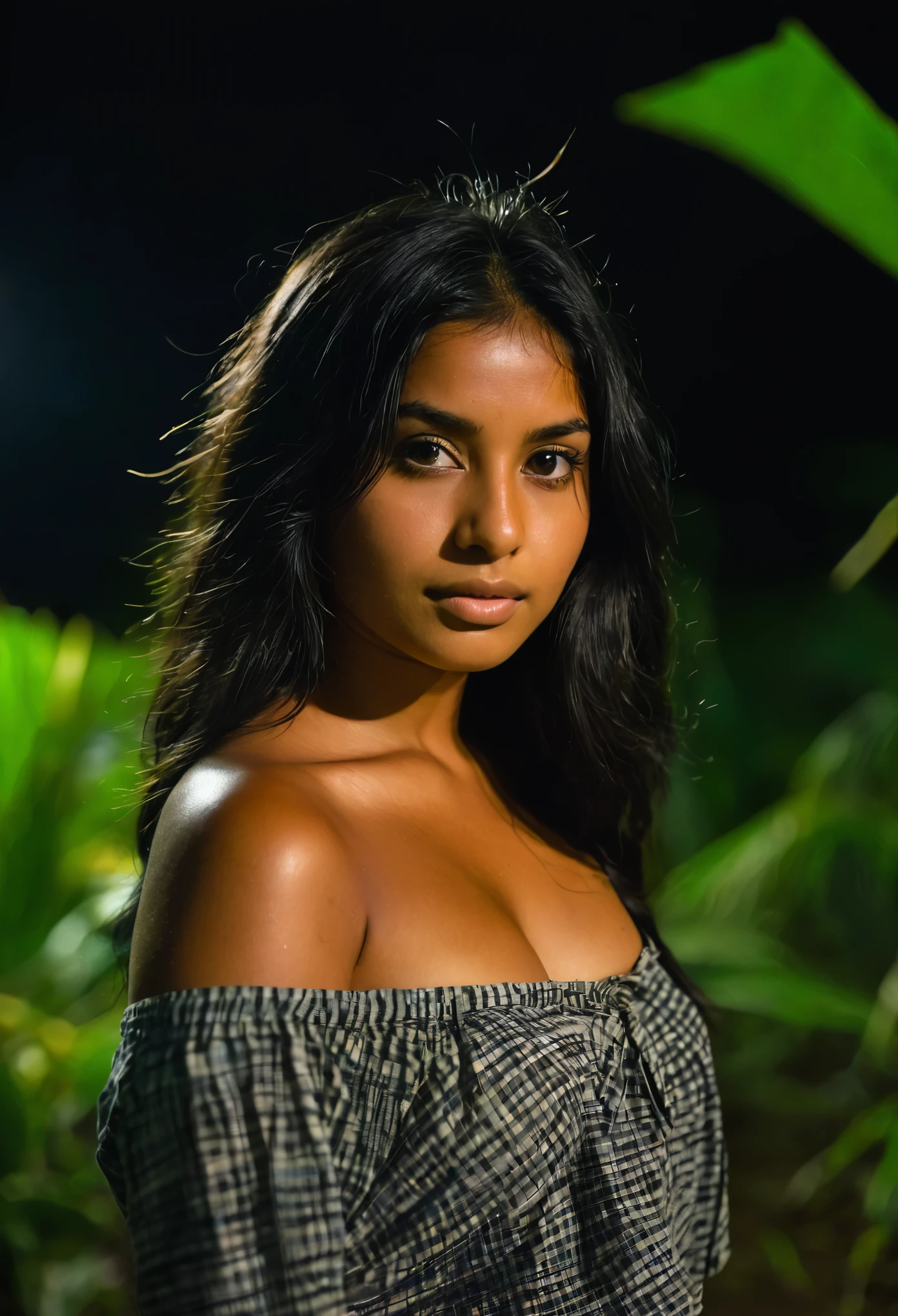 Brunette woman, black hair, teenage body, Matinta Perera, in a square in the Amazon at night