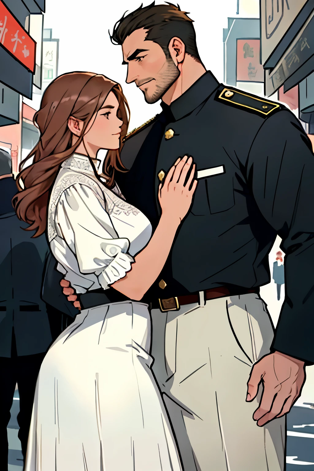In the heart of a bustling marketplace, two figures stand out in contrast against the vibrant backdrop. One, a maturing man with a thick stubble, beefy build, and thick eyebrows, clad in a military uniform, his gaze intense and cold. The other, a woman with long, elegant neck and soft, inviting curves, dressed in an intricately woven white blouse and tight skirt, her eyes bright and full of emotion.

They are a male and female couple, their hands resting gently at their sides, encircling their waists - a silent testament to the bond that binds them together. The man's expression is contemplative, while the woman's is