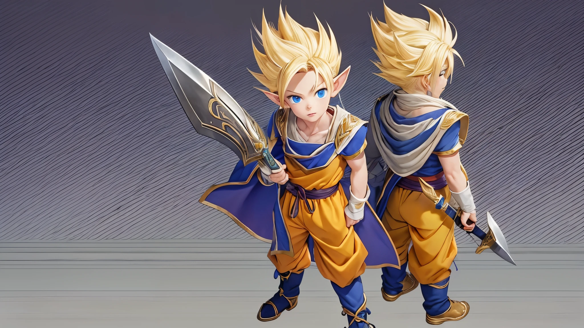 (master piece), 8k, best quality, full body, elf boy, naive, male, teenager, 14 years old, diminutive, white skin, thin body, pointed elf ears, beautiful finely detailed silver eyes, high forehead , yellow blonde spiky hair like Gohan from the anime dragon ball (super sayajin), Incredibly handsome, calm appearance, conservative elven clothing, holding a short sword, nordic detailed handle.