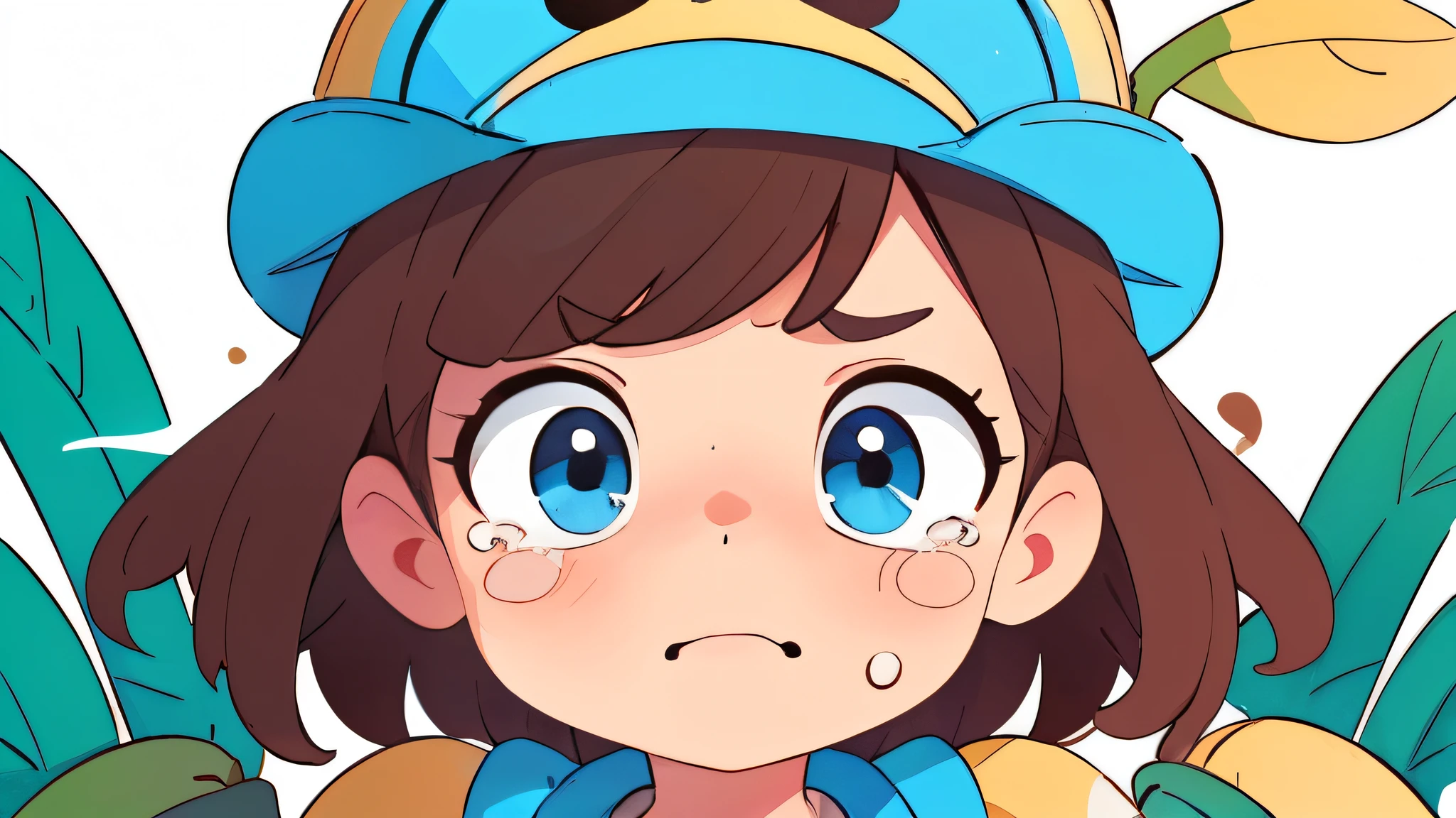crying, tears, sad, banana hat, bananas background pattern, banana tree, blueish background, high detailed, fornite banana costume, shooting, explosion, high contrast, high saturation, guns, bananas, crying, big eyes, super close view, portrait, close up, front, girly brown hair, blue eyes