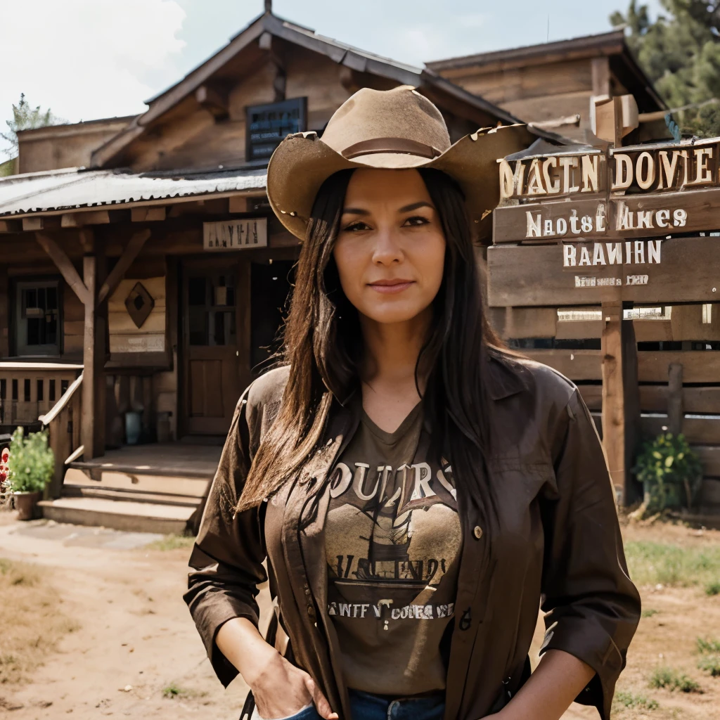 A woman dressed in a well-preserved 43-year-old waxed country outfit stands in front of a western-style wooden building with Wild Boar's name on a building sign