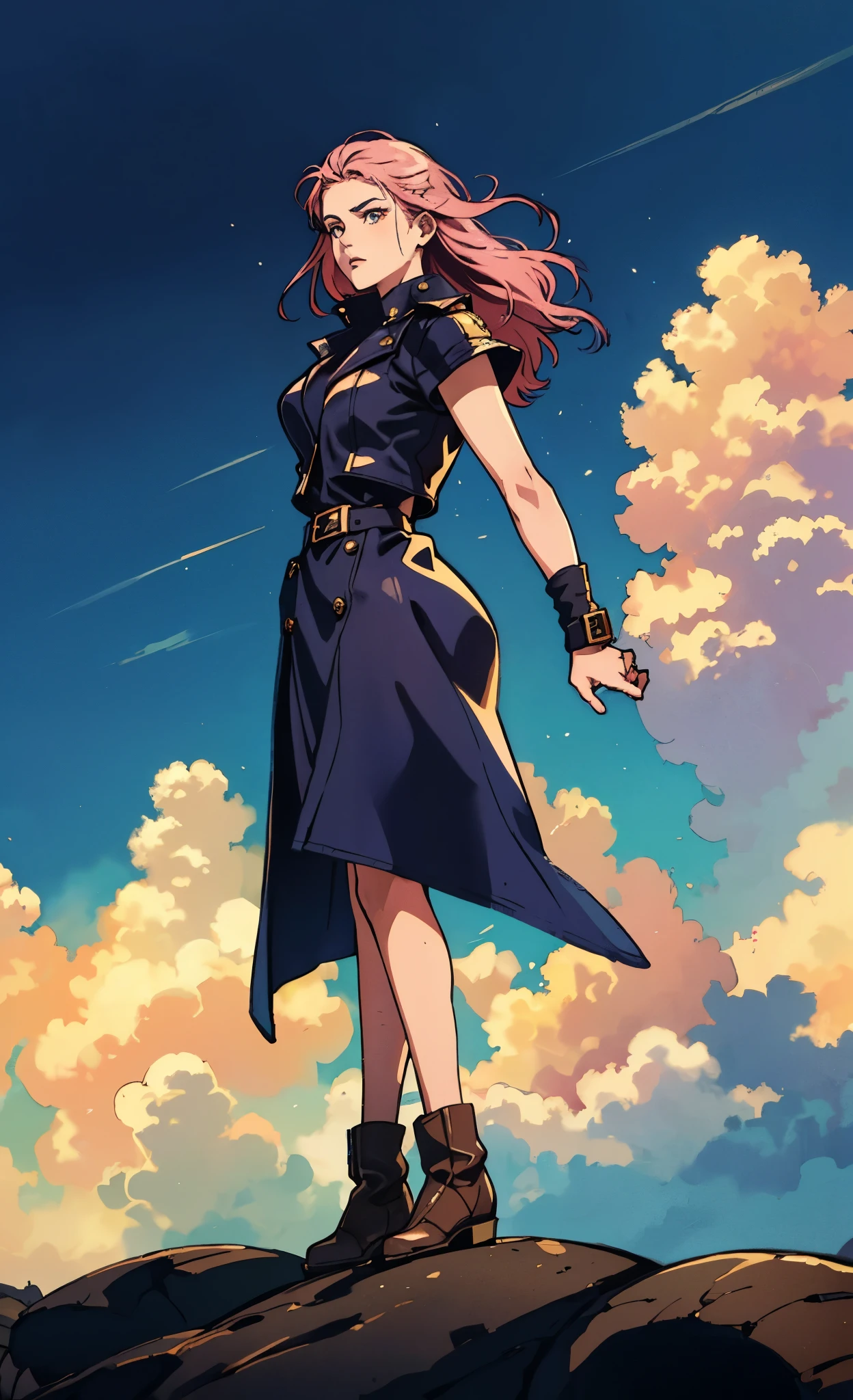 (A beautiful young girl with long curly pink hair, slender eyebrows, sparkling eyes, a bewildered expression, an oval-shapedl face with pale skin, a knee-length form-fitting leather trench coat with very short sleeves, she adorns both hands with metallic wrist guards in a sci-fi ancient civilization style, her long legs are clad in leather boots as she soars through the misty clouds), this character embodies a finely crafted fantasy-realism style western ranger in anime style, exquisite and mature manga art style, porcelain skin, perfect skin, perfect eyes, high definition, best quality, highres, ultra-detailed, ultra-fine painting, extremely delicate, professional, anatomically correct, symmetrical face, extremely detailed eyes and face, high quality eyes, creativity, RAW photo, UHD, 32k, Natural light, cinematic lighting, masterpiece-anatomy-perfect, masterpiece:1.5