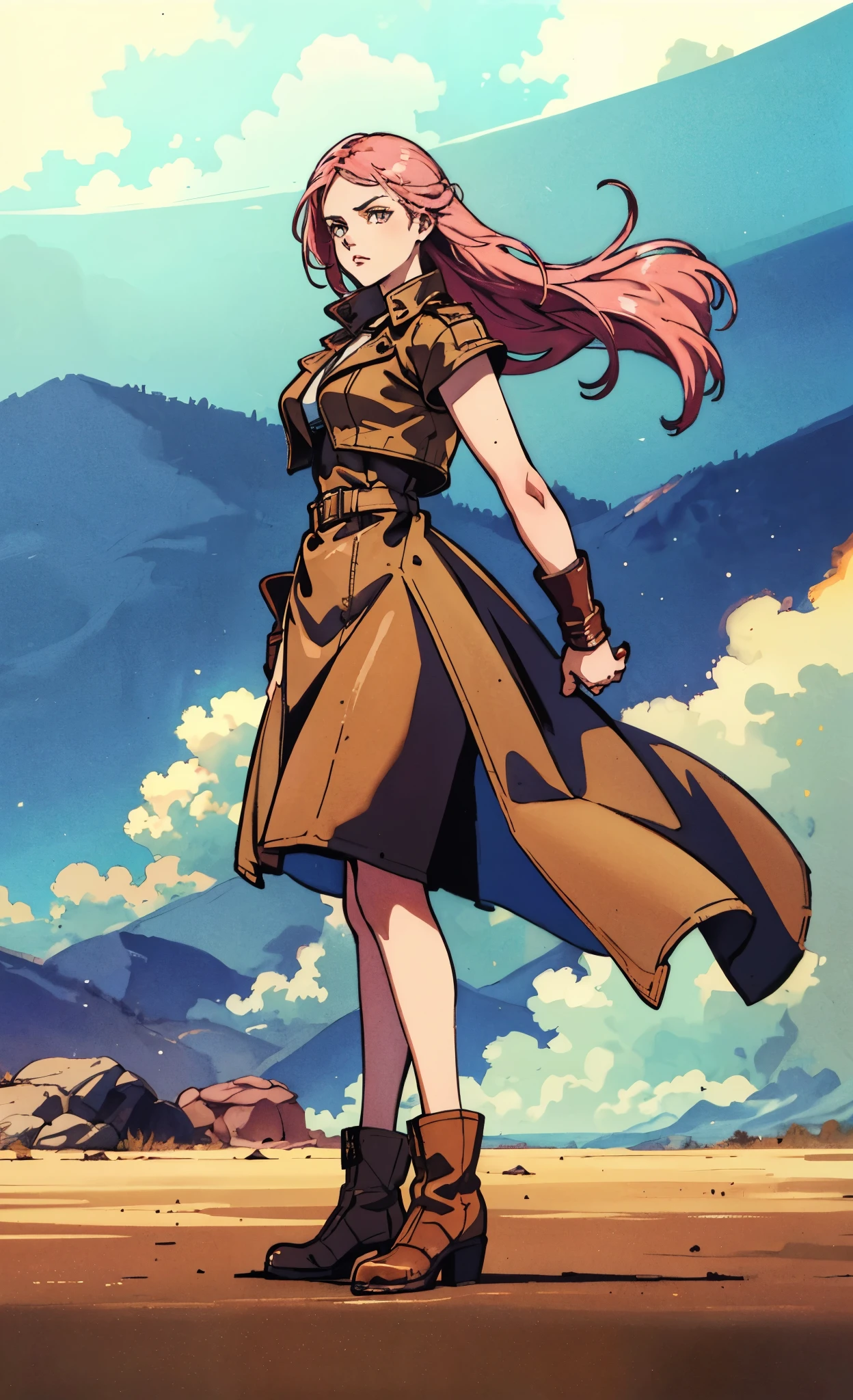 (A beautiful young girl with long curly pink hair, slender eyebrows, sparkling eyes, a bewildered expression, an oval-shapedl face with pale skin, a knee-length form-fitting leather trench coat with very short sleeves, she adorns both hands with metallic wrist guards in a sci-fi ancient civilization style, her long legs are clad in leather boots as she soars through the misty clouds), this character embodies a finely crafted fantasy-realism style western ranger in anime style, exquisite and mature manga art style, porcelain skin, perfect skin, perfect eyes, high definition, best quality, highres, ultra-detailed, ultra-fine painting, extremely delicate, professional, anatomically correct, symmetrical face, extremely detailed eyes and face, high quality eyes, creativity, RAW photo, UHD, 32k, Natural light, cinematic lighting, masterpiece-anatomy-perfect, masterpiece:1.5