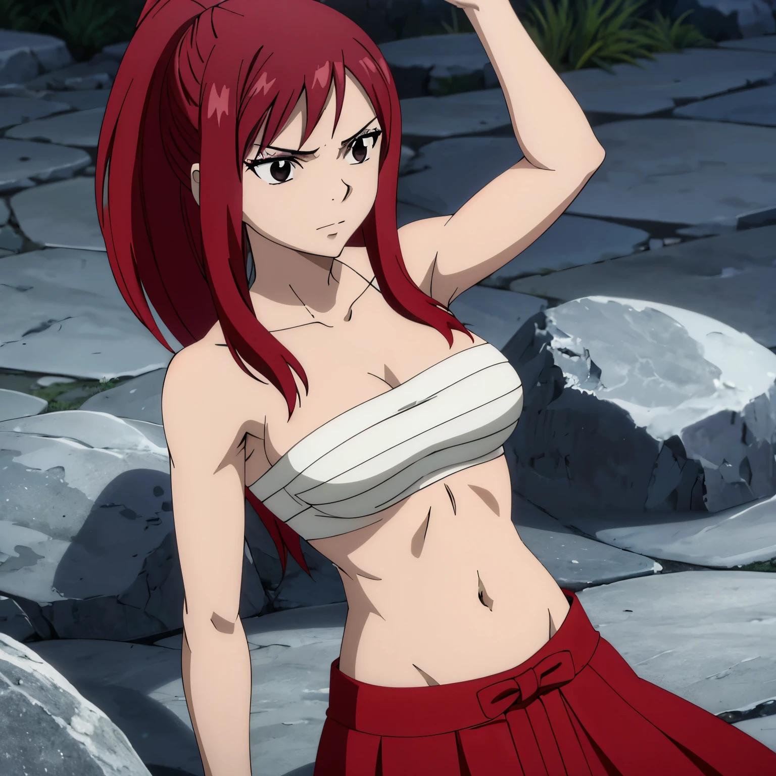 Erza Scarlet, 1girl, masterpiece, highres, solo, 8k, detailed, perfect face, (ultra high quality), looking viewers, armpit, big breast, cleavage, red hair, long hair, ponytail hair, black eyes, belly, stomach, navel, abs, midriff, white ribbon, sarashi chest, bandaged breast, red hakama, slim body, upper body, emotionless, flat face, at forest