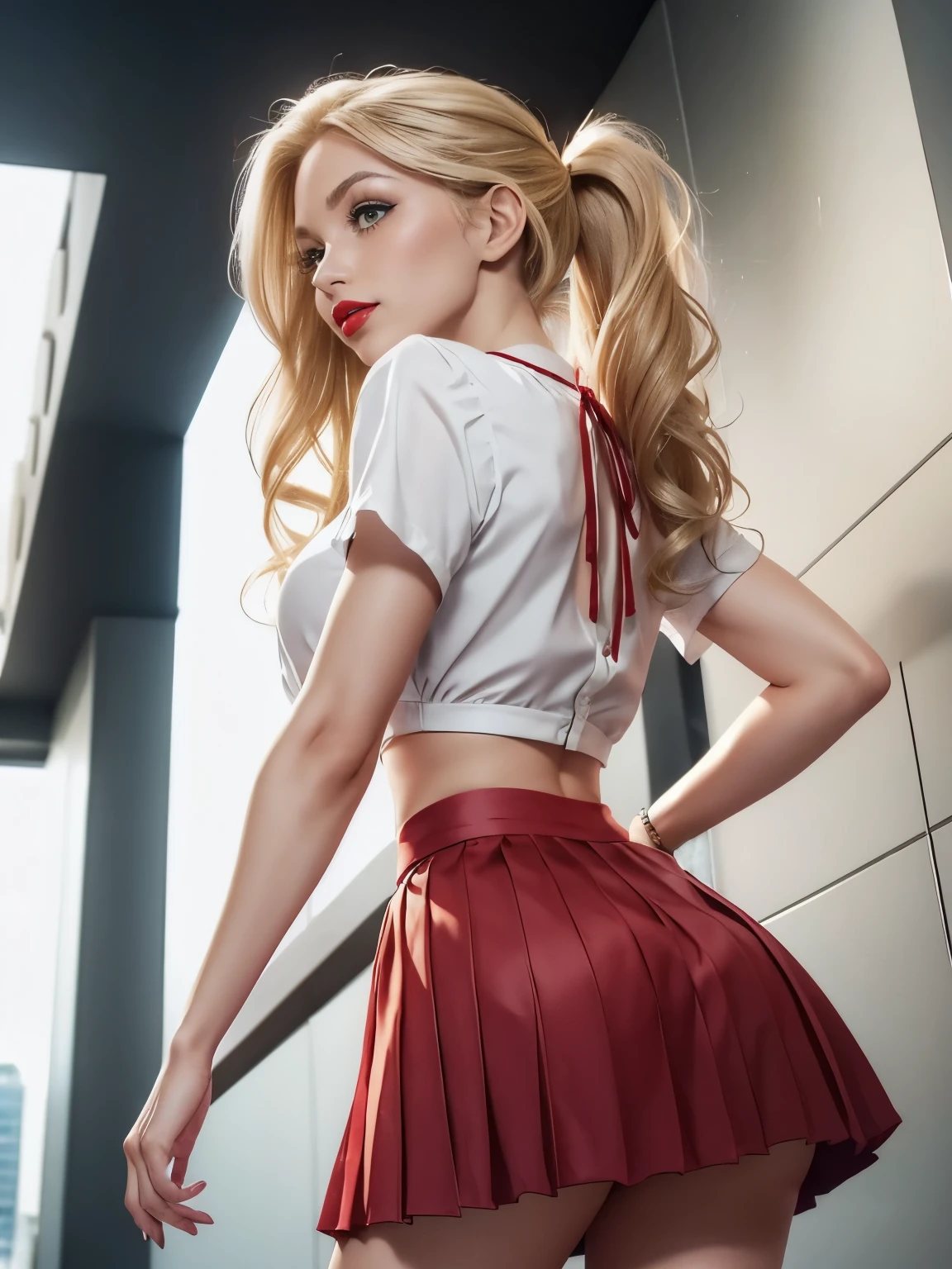 caucasian woman, blonde hair, wavy hair, long hair, hair in ponytail, olive green eyes, ((lined eyes)), bright eyes, shiny eyes, ((red lipstick)), ((makeup)), smile, toned body, athletic body, small breasts, ((legs)) , (blouse), ((Pleated skirt)), ((Semi-short skirt)), bracelets, standing, in city, ((((back)))), buttocks, ass, back view, ((((((shot from below)))))).