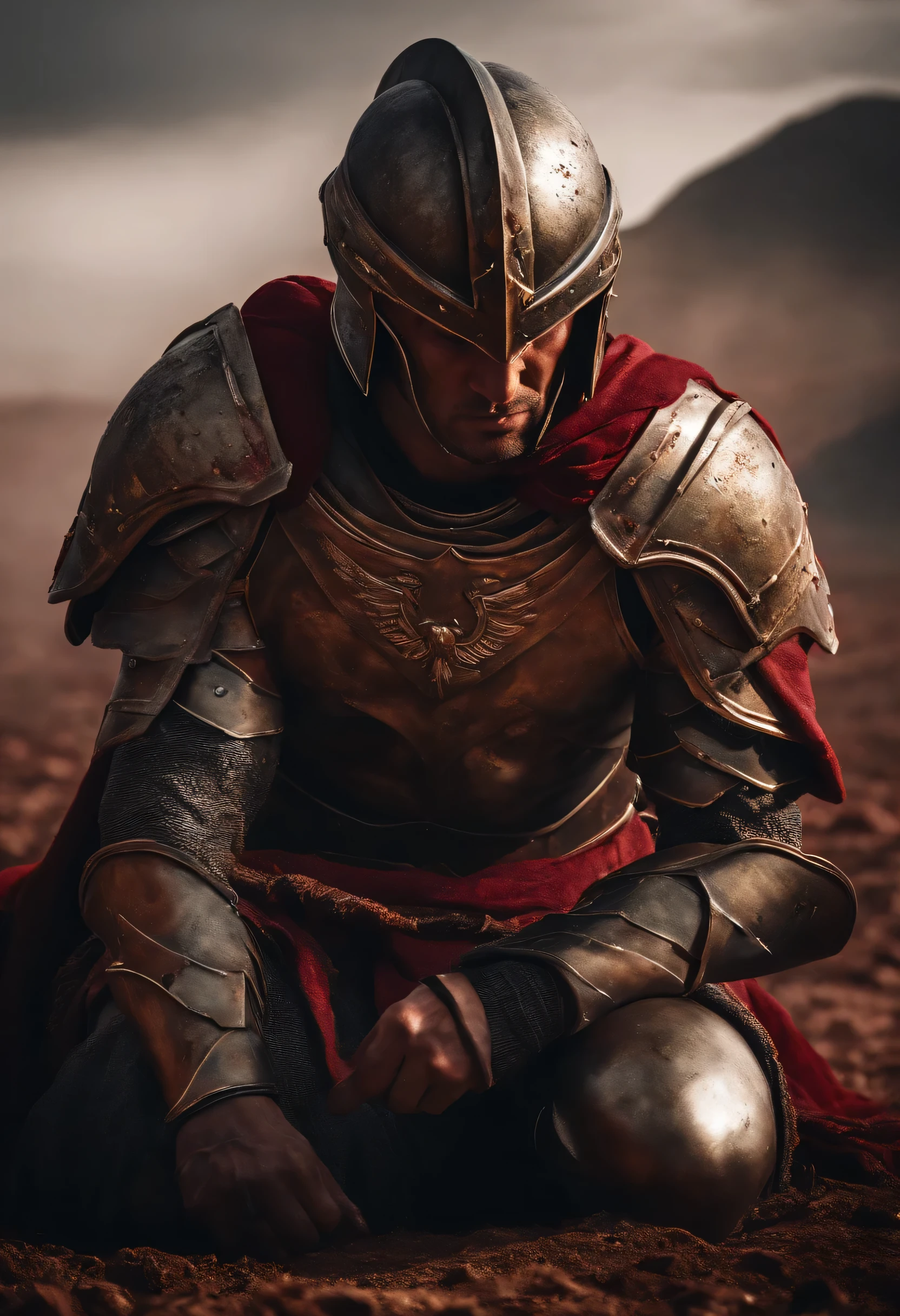 spartan warrior, dying , bloody armor, on battlefield, on his knees, epic, 8k