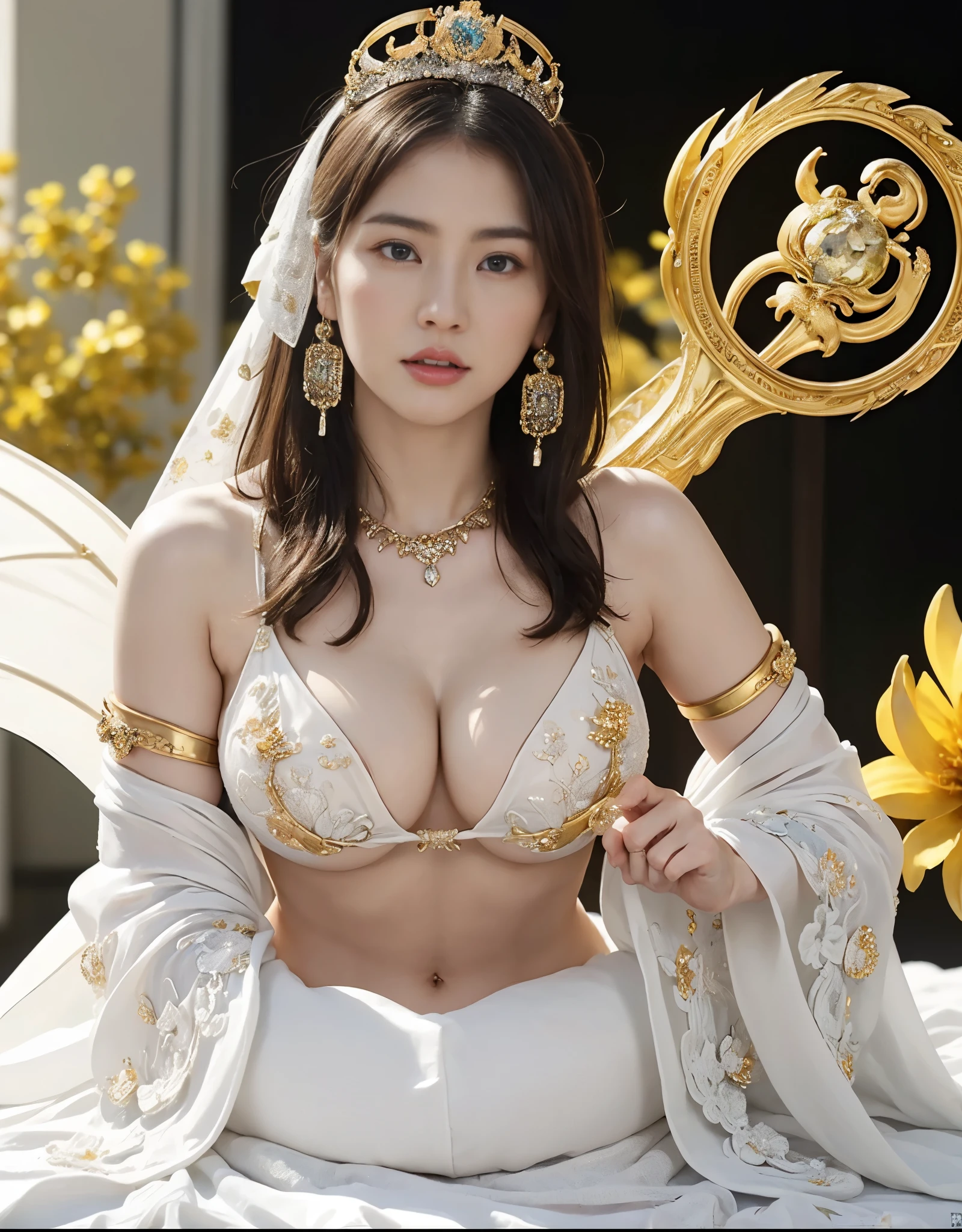 highest quality、masterpiece、超A high resolution、16k photos、(Armor of the Yellow Dragon)、(((big breasts)))、(((a large flower ornament))),(((Micro bikini with attention to detail))),(She wears a beautiful crown made of precious stones.),(Photoreal:1.4)、Raw photo、1 girl、(((random hair))、(((color々take a pose)))、glowing skin、(((white dragon)))、intricate and gorgeous hair ornaments、(Looks like a gorgeous jewelry necklace)、(whole body angle)、(fight big dragonet bikini)、((beautiful sea background)),(beautiful sea background)、((Ultra realistic details))、portrait、global illumination、(sexy pose)、Shadow、octane rendering、16k、big breasts、Raw skin exposed in the cleavage、Metal、intricate decorative details、Japan details、very intricate details、blue eyes、Eyes shining towards the camera、2 stocks、(whole body angle)、(veil)、(((heavy big))),((she is wearing a beautiful jeweled bangle.)),