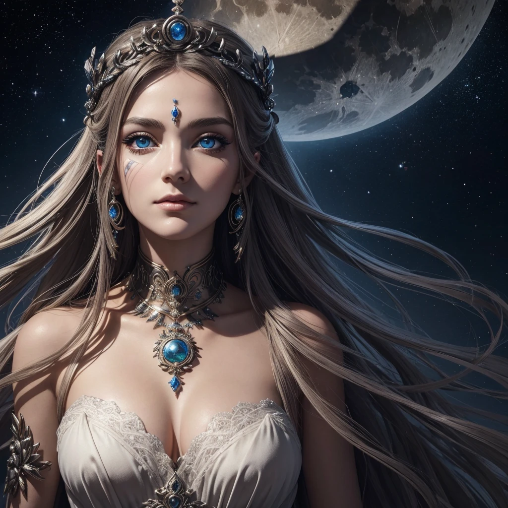 (best quality,Ultra-detailed,Meilleure illustration,meilleure ombre,chef-d'ouvrages d'art,Une haute résolution,Illustrations professionnelles,ouvrages d'arts d'famous art),detailed eyes,beaux yeux,Décolleté en gros plan,La science-fiction,colored sclera,yeux de robotarques du visage,Tattooed with,(fractalized,yeux fractaux),grands yeux,yeux grands ouvertise au point des yeux),Mise au point du visage,Yeux cosmiques,yeux de l'espace,Gros plan d'une sculpture en métal d'une femme avec une lune dans les cheveux,accueillir。Extremely high detail,Portrait 3D de la goddess,Images extrêmement détaillées de la goddess,Un superbe portrait d'une goddess,Image latérale de la goddess,portrait d'une belle goddess,Portrait en pied de la goddess,Hecate, goddess,portrait d'une goddess nordique de la lune,déesse de l'espace et du temps