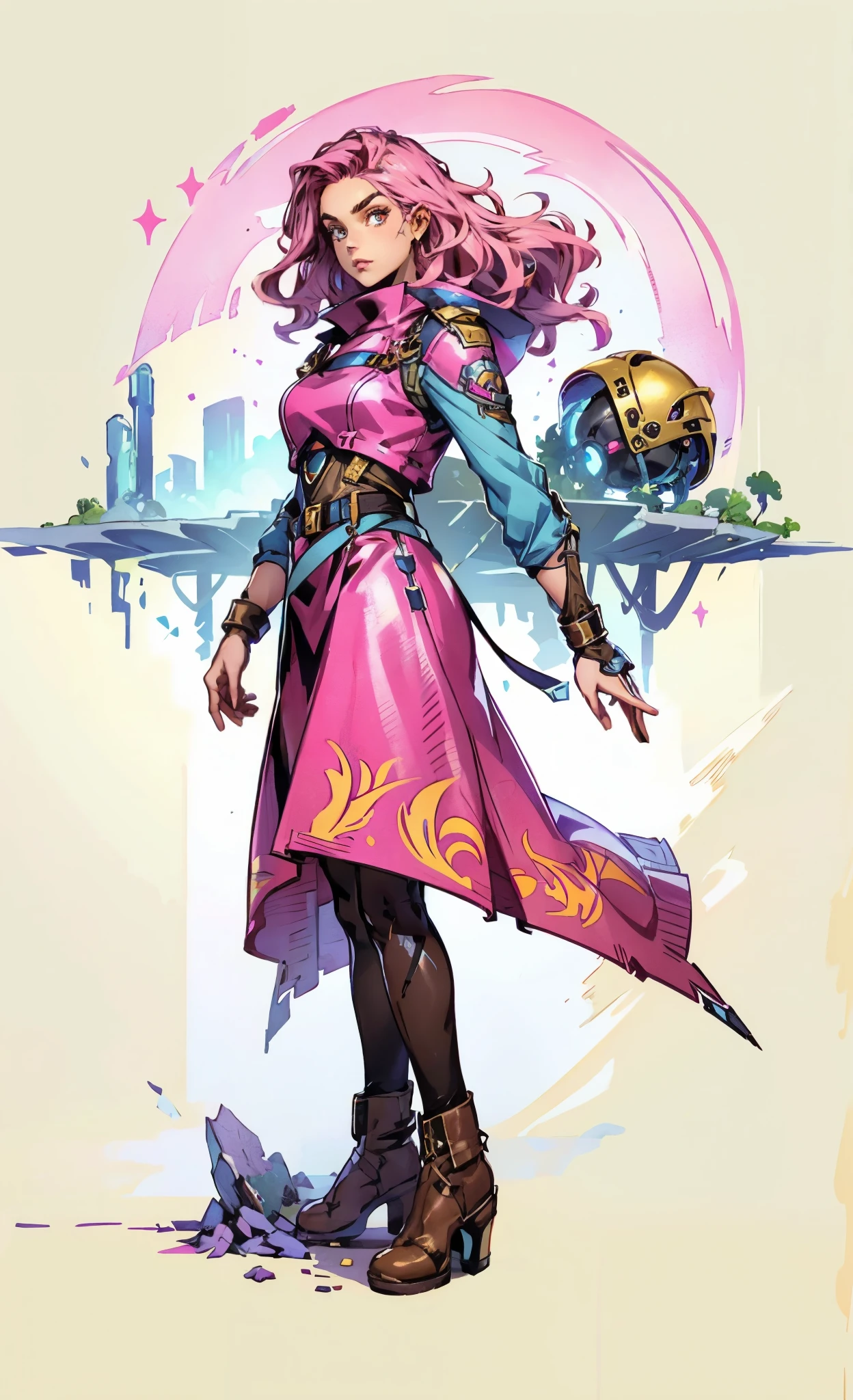 (A beautiful young girl with long curly pink hair, slender eyebrows, sparkling eyes, a bewildered expression, an oval-shapedl face with pale skin, a knee-length form-fitting leather trench coat with very short sleeves, she adorns both hands with metallic wrist guards in a sci-fi ancient civilization style, her long legs are clad in leather boots as she soars through the misty clouds), this character embodies a finely crafted fantasy-realism style western ranger in anime style, exquisite and mature manga art style, porcelain skin, perfect skin, perfect eyes, high definition, best quality, highres, ultra-detailed, ultra-fine painting, extremely delicate, professional, anatomically correct, symmetrical face, extremely detailed eyes and face, high quality eyes, creativity, RAW photo, UHD, 32k, Natural light, cinematic lighting, masterpiece-anatomy-perfect, masterpiece:1.5