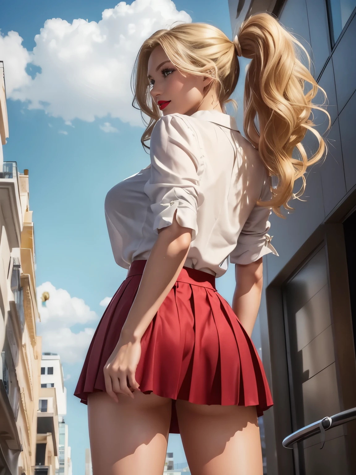 caucasian woman, blonde hair, wavy hair, long hair, hair in ponytail, olive green eyes, ((lined eyes)), bright eyes, shiny eyes, ((red lipstick)), ((makeup)), smile, toned body, athletic body, small breasts, ((legs)) , (blouse), ((Pleated skirt)), ((Semi-short skirt)), bracelets, standing, in city, ((((back)))), buttocks, ass, back view, ((((((shot from below)))))).