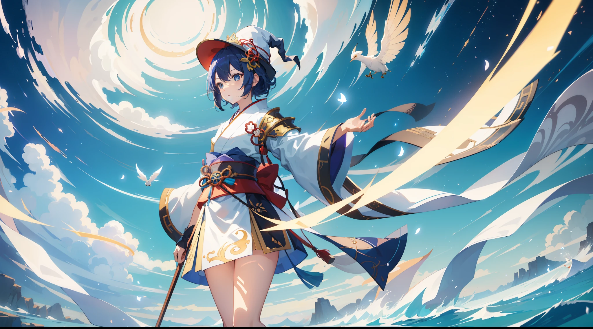White backgrounid, White skirts,Solo woman, solo, (Standing on white glass surface), (minimum, Tiny), (white background), (Witch hat), curlies, looking at viewert, in a panoramic view, Faraway view, Starting from the night of the ark, Popular topics on art station pixiv, arknight, Digital art on Pixiv, onmyoji detailed art, Japanese anime fantasy illustrations, author:heroes, Anime art wallpaper 8K, sky witch, Pixiv style, Anime art wallpaper 4k, Anime art wallpaper 4k, (clean backdrop), Ink painting style,clean color,Decisive cuts,Large areas of white space, A white space, a space,tmasterpiece, Super refined,Epic work,high high quality,Best quality at best,4K