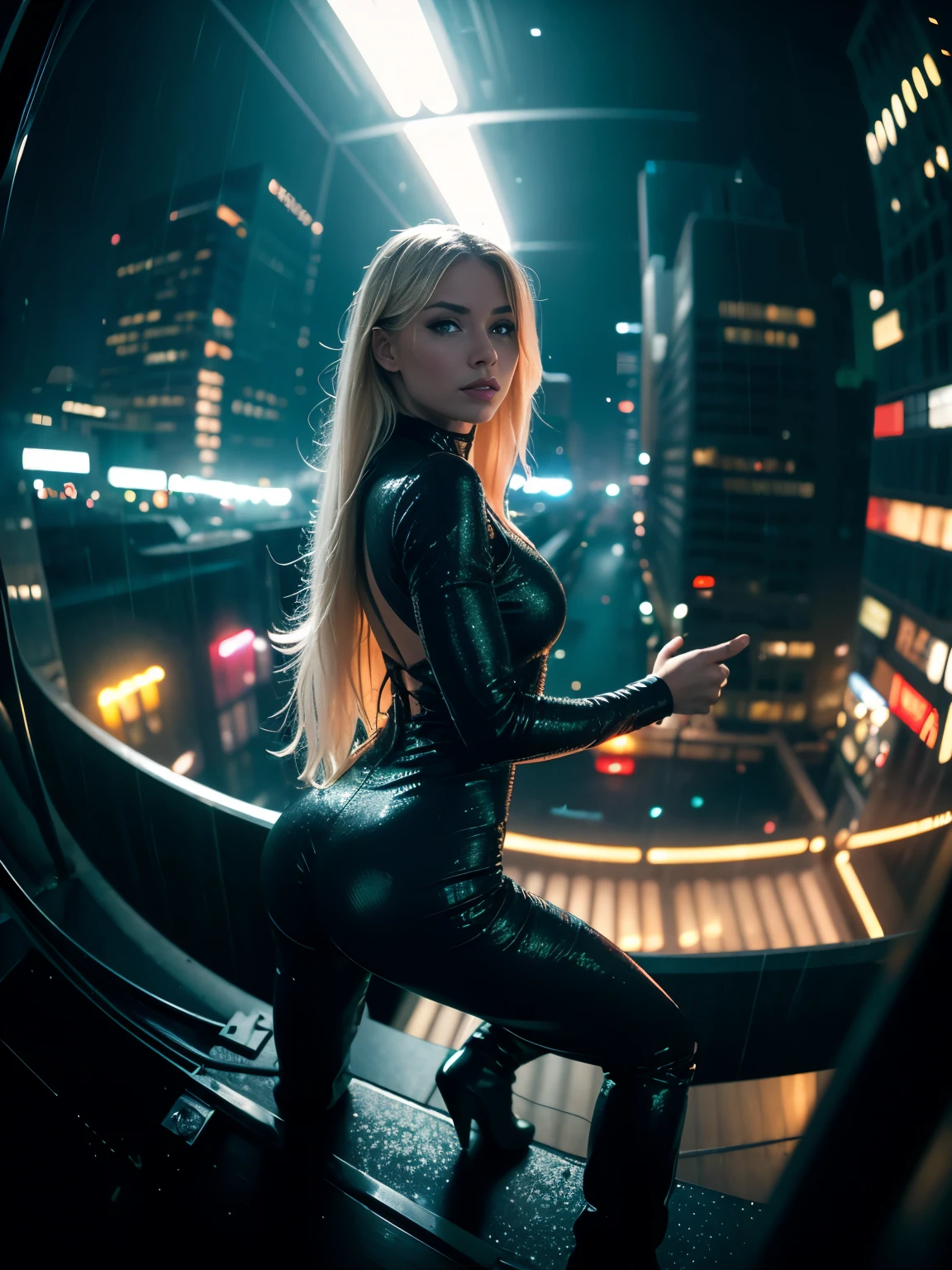 On the rooftop of a building in blade runner movie scene. At night, ((heavy rain night)). ((fisheye 5mm lens from below, full body shot ))
BREAK
an ultra hot gorgeous European woman, age 23, green eyes, blonde straight hair, her name is Elena Alfa. She wears (shiny black glitter thigh jumpsuit). She's a vigilante, one knee on the floor, in action pose, leaning forward, looking for crime in the city below. Wet body, wet hair. High heel boots.
BREAK
((Flying vehicles in the sky))
BREAK
dslr, high quality, film grain, Fujifilm XT3,(masterpiece) (best quality) (detailed) (dramatic cinematic lighting) (sharp focus) (intricate) backlight, movie scene.