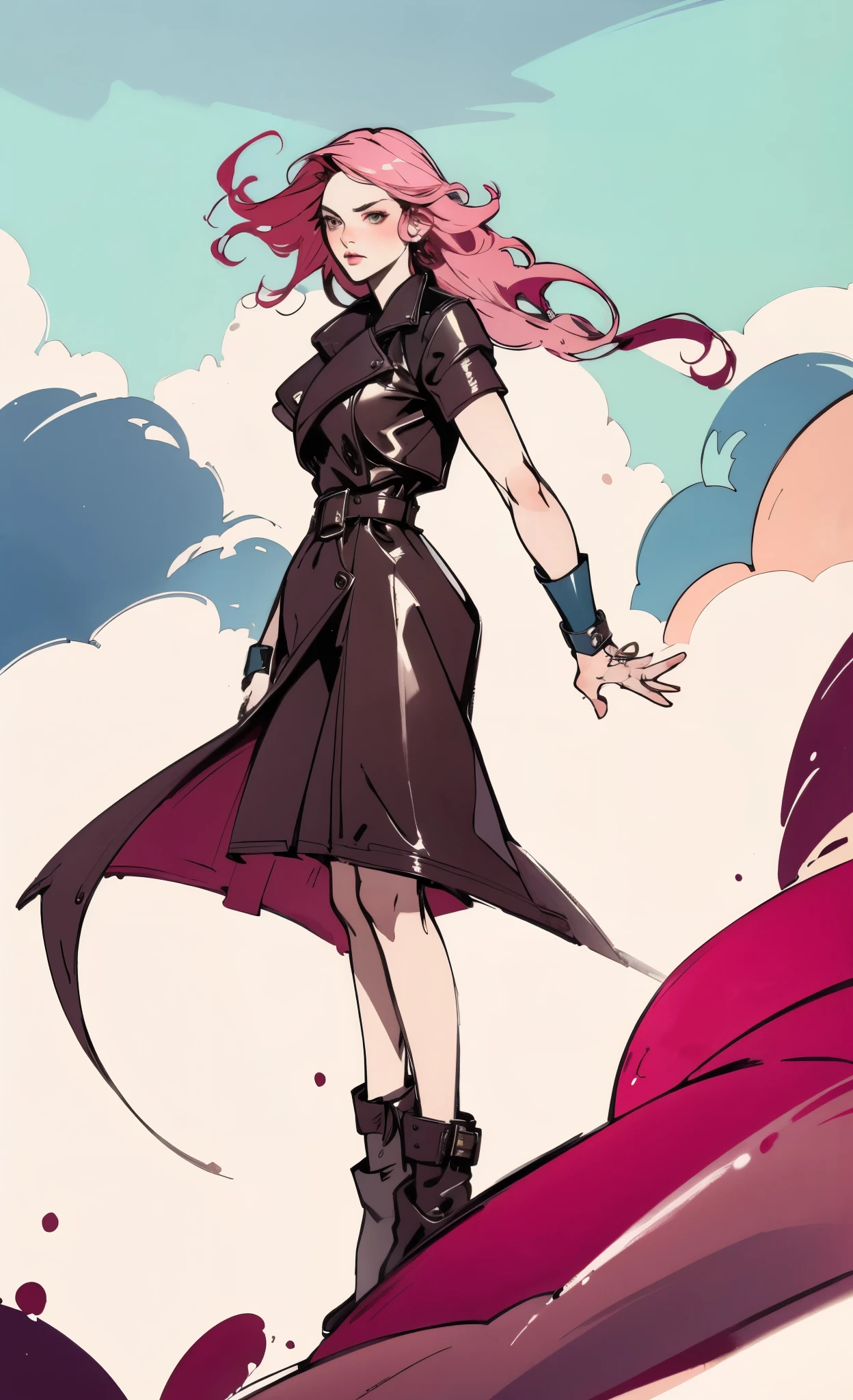 (A beautiful young girl with long curly pink hair, slender eyebrows, sparkling eyes, a bewildered expression, an oval-shapedl face with pale skin, a knee-length form-fitting leather trench coat with very short sleeves, she adorns both hands with metallic wrist guards in a sci-fi ancient civilization style, her long legs are clad in leather boots as she soars through the misty clouds), this character embodies a finely crafted fantasy-realism style western ranger in anime style, exquisite and mature manga art style, porcelain skin, perfect skin, perfect eyes, high definition, best quality, highres, ultra-detailed, ultra-fine painting, extremely delicate, professional, anatomically correct, symmetrical face, extremely detailed eyes and face, high quality eyes, creativity, RAW photo, UHD, 32k, Natural light, cinematic lighting, masterpiece-anatomy-perfect, masterpiece:1.5