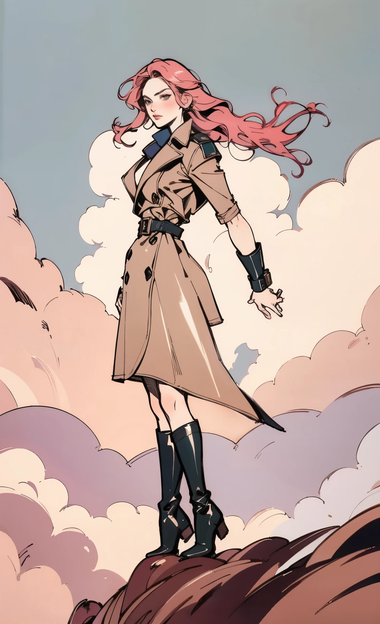 (A beautiful young girl with long curly pink hair, slender eyebrows, sparkling eyes, a bewildered expression, an oval-shapedl face with pale skin, a knee-length form-fitting leather trench coat with very short sleeves, she adorns both hands with metallic wrist guards in a sci-fi ancient civilization style, her long legs are clad in leather boots as she soars through the misty clouds), this character embodies a finely crafted fantasy-realism style western ranger in anime style, exquisite and mature manga art style, porcelain skin, perfect skin, perfect eyes, high definition, best quality, highres, ultra-detailed, ultra-fine painting, extremely delicate, professional, anatomically correct, symmetrical face, extremely detailed eyes and face, high quality eyes, creativity, RAW photo, UHD, 32k, Natural light, cinematic lighting, masterpiece-anatomy-perfect, masterpiece:1.5