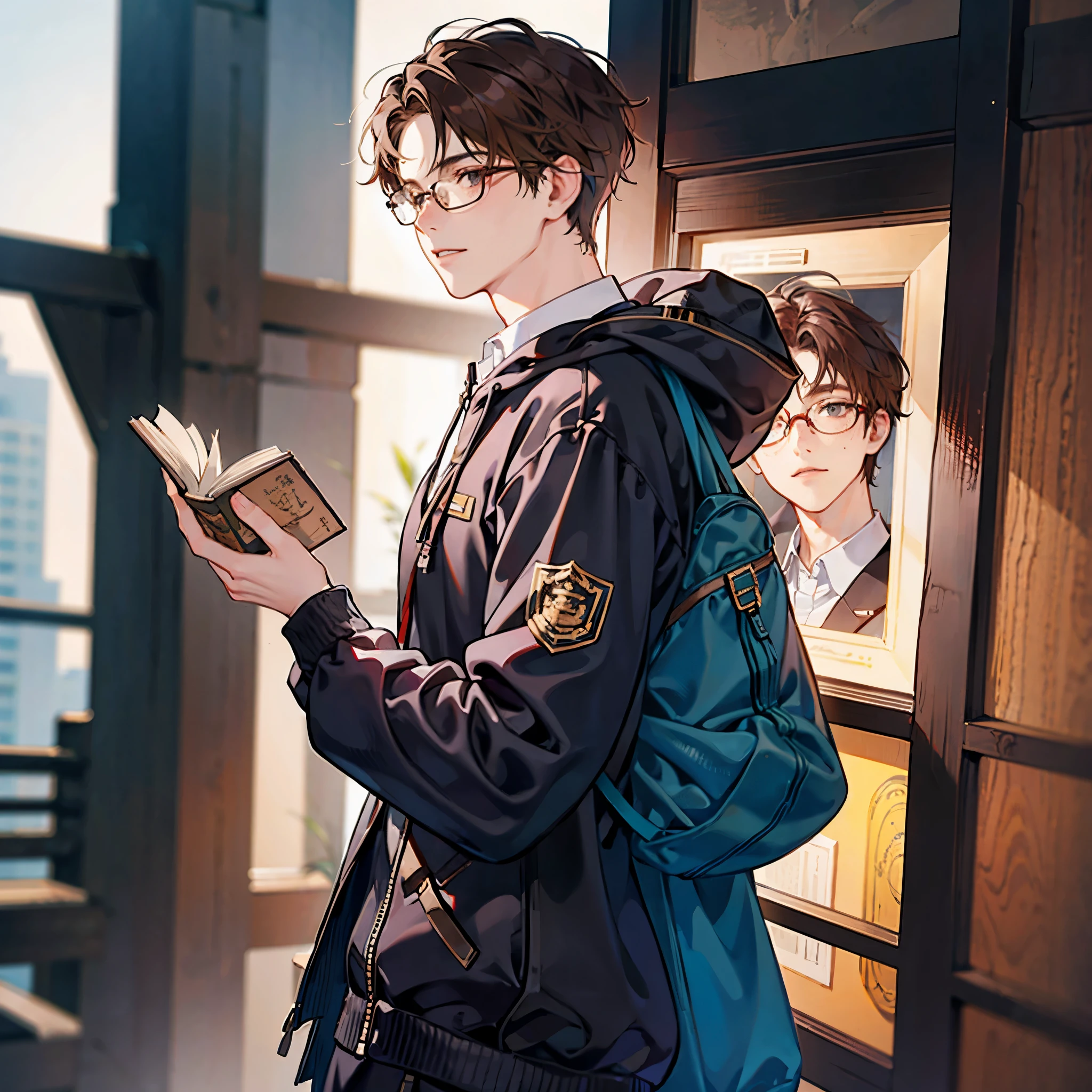 1 nerdy man, pale,glasses, brown hair, black eyes, freckles, hoodie, backpack, holding a book