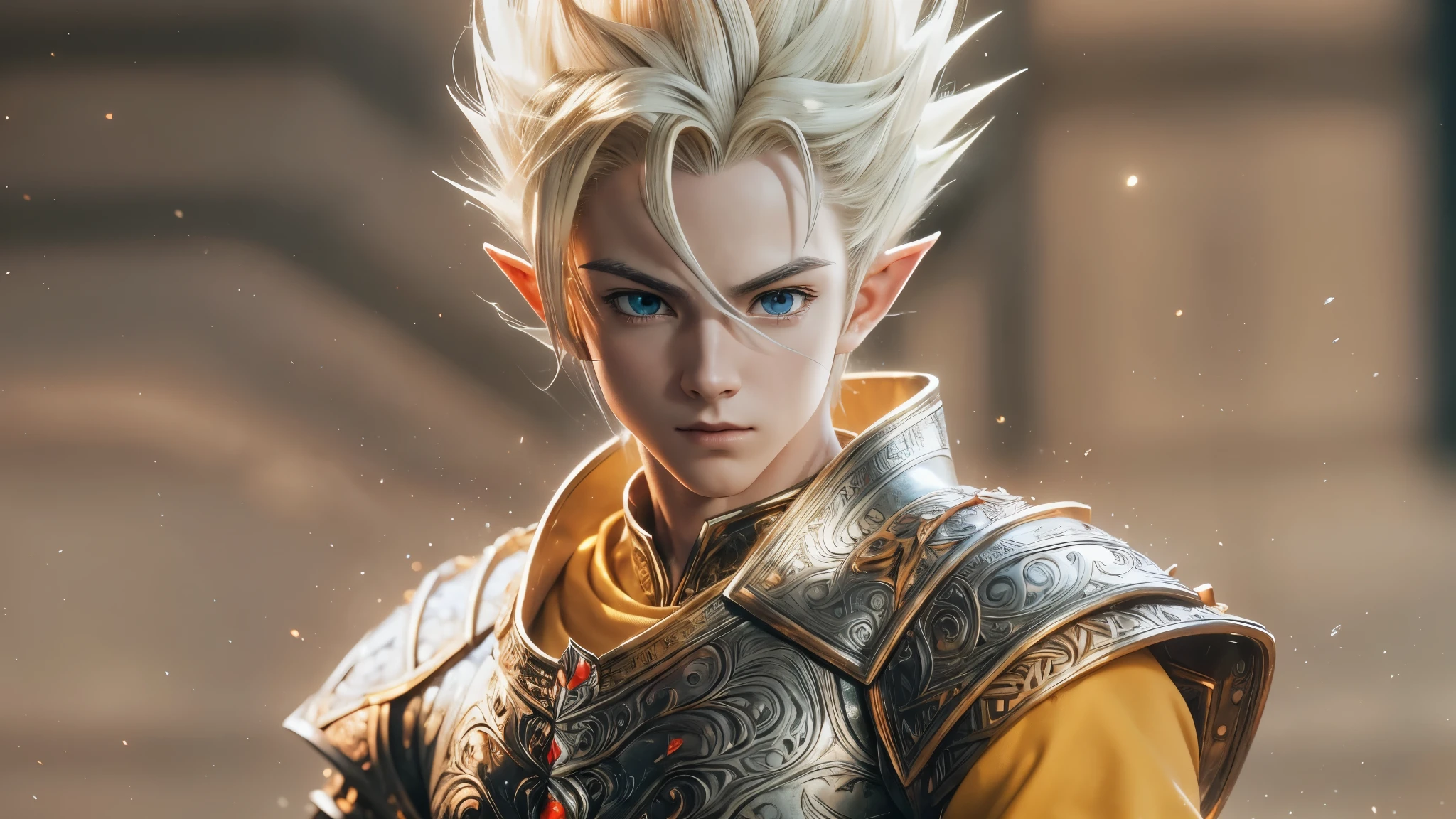 (masterpiece), 8k, best quality, full body, elf boy, naive, male, teenager, 14 years old, white skin, slim body, pointed elf ears, beautiful finely detailed silver eyes, high forehead, hair yellow blonde spiky like Gohan from the anime dragon ball (super sayajin), Incredibly handsome, calm appearance, conservative elven outfit, holding a short sword, nordic detailed hilt, fighting