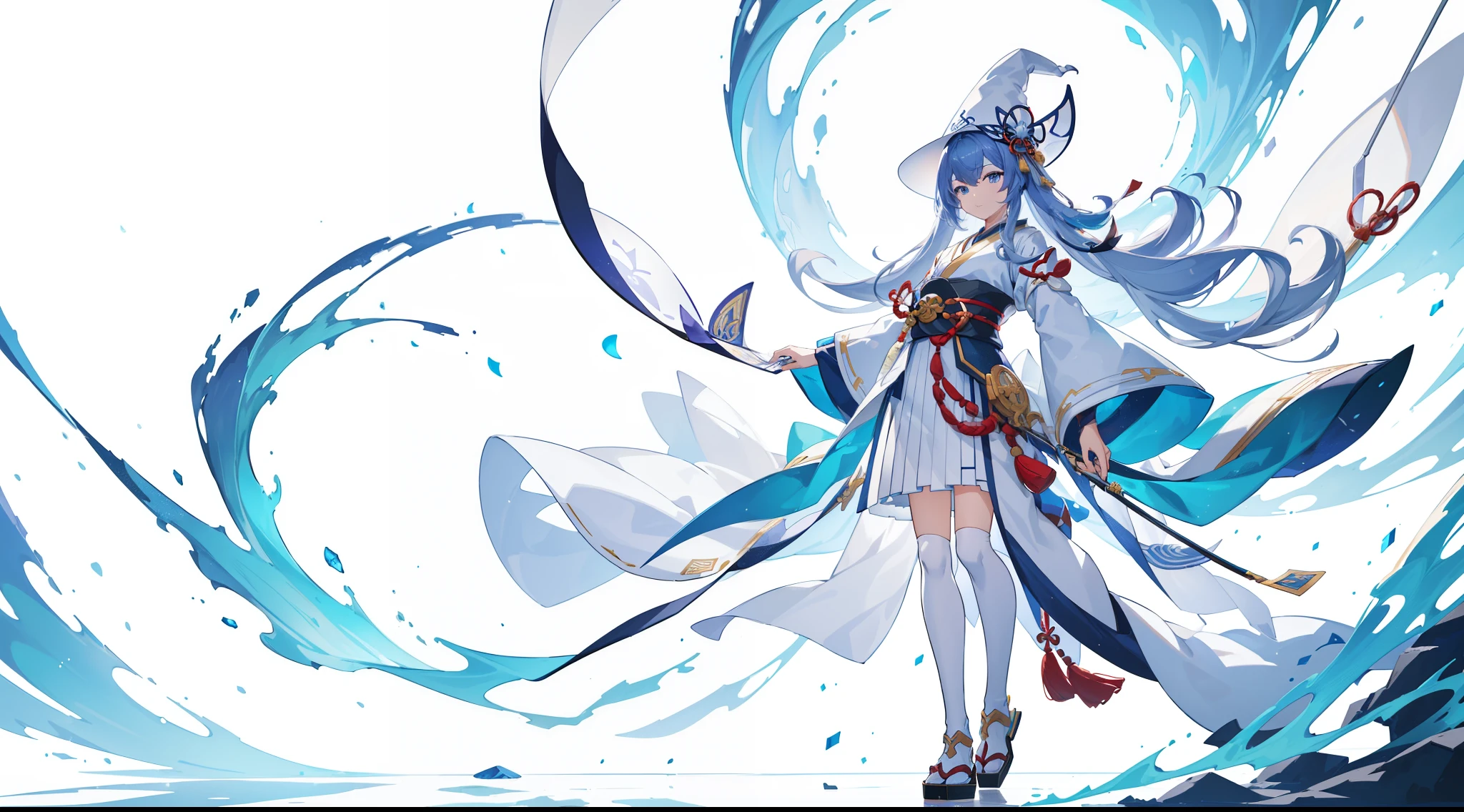 White backgrounid, White skirts,Solo woman, solo, (Standing on white glass surface), (minimum, Tiny), (white background), (Witch hat), curlies, looking at viewert, in a panoramic view, Faraway view, Starting from the night of the ark, Popular topics on art station pixiv, arknight, Digital art on Pixiv, onmyoji detailed art, Japanese anime fantasy illustrations, author:heroes, Anime art wallpaper 8K, sky witch, Pixiv style, Anime art wallpaper 4k, Anime art wallpaper 4k, (clean backdrop), Ink painting style,clean color,Decisive cuts,Large areas of white space, A white space, a space,tmasterpiece, Super refined,Epic work,high high quality,Best quality at best,4K