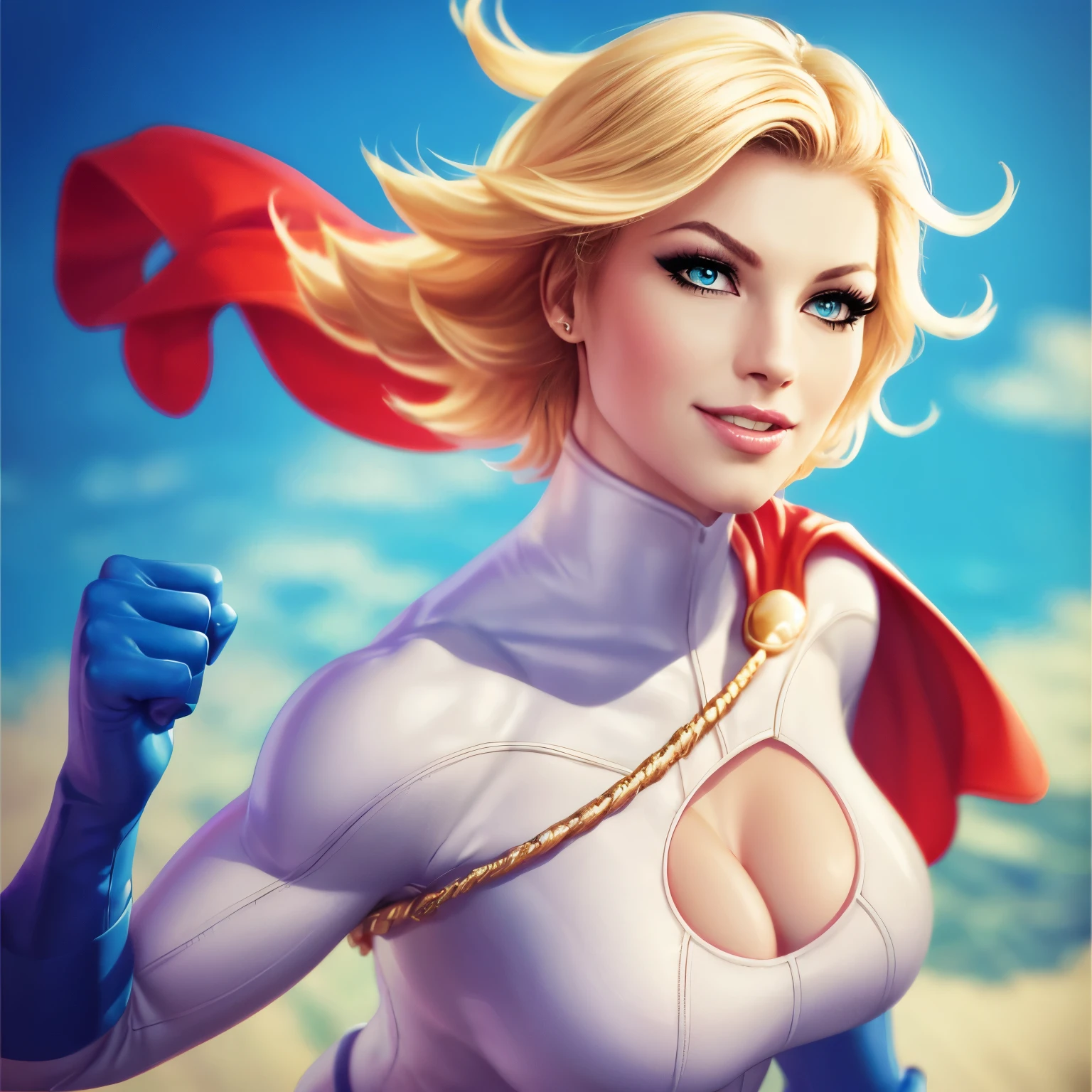 Power Girl from DC comics, (best quality,4k,8k,highres,masterpiece:1.2),ultra-detailed,realistic,portrait,beautiful detailed eyes,beautiful detailed lips,extremely detailed eyes and face,long eyelashes,sexy,medium:oil painting,glowing skin,flowing short hair,radiant smile,power girl in the air,flying,confident pose,stunning curves,vivid colors,dramatic lighting,serene background,striking composition, blonde_hair, cape, short_hair, gloves, cleavage_cutout, clothing_cutout, blue_eyes, superhero