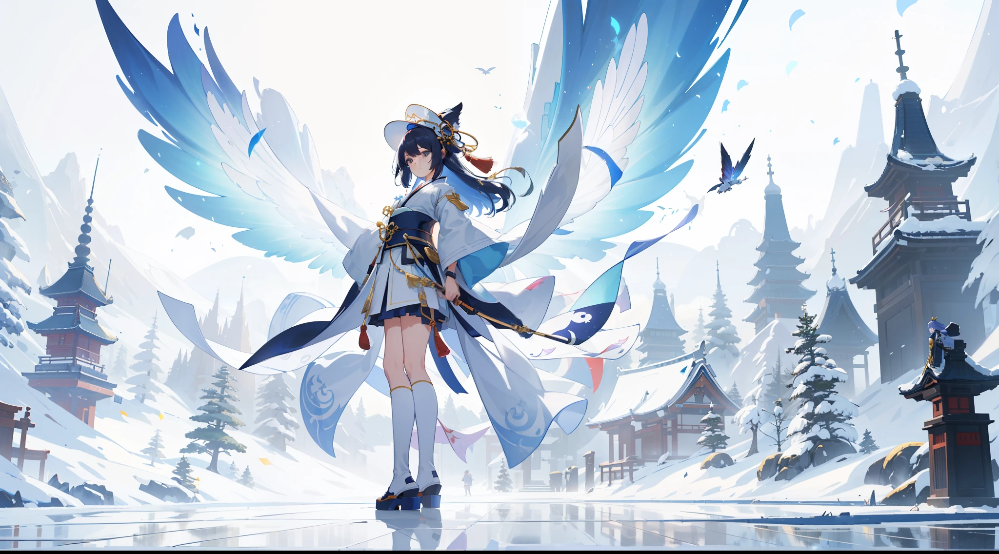 White backgrounid, White skirts,Solo woman, solo, (Standing on white glass surface), (minimum, Tiny), (white background), (Witch hat), curlies, looking at viewert, in a panoramic view, Faraway view, Starting from the night of the ark, Popular topics on art station pixiv, arknight, Digital art on Pixiv, onmyoji detailed art, Japanese anime fantasy illustrations, author:heroes, Anime art wallpaper 8K, sky witch, Pixiv style, Anime art wallpaper 4k, Anime art wallpaper 4k, (clean backdrop), Ink painting style,clean color,Decisive cuts,Large areas of white space, A white space, a space,tmasterpiece, Super refined,Epic work,high high quality,Best quality at best,4K
