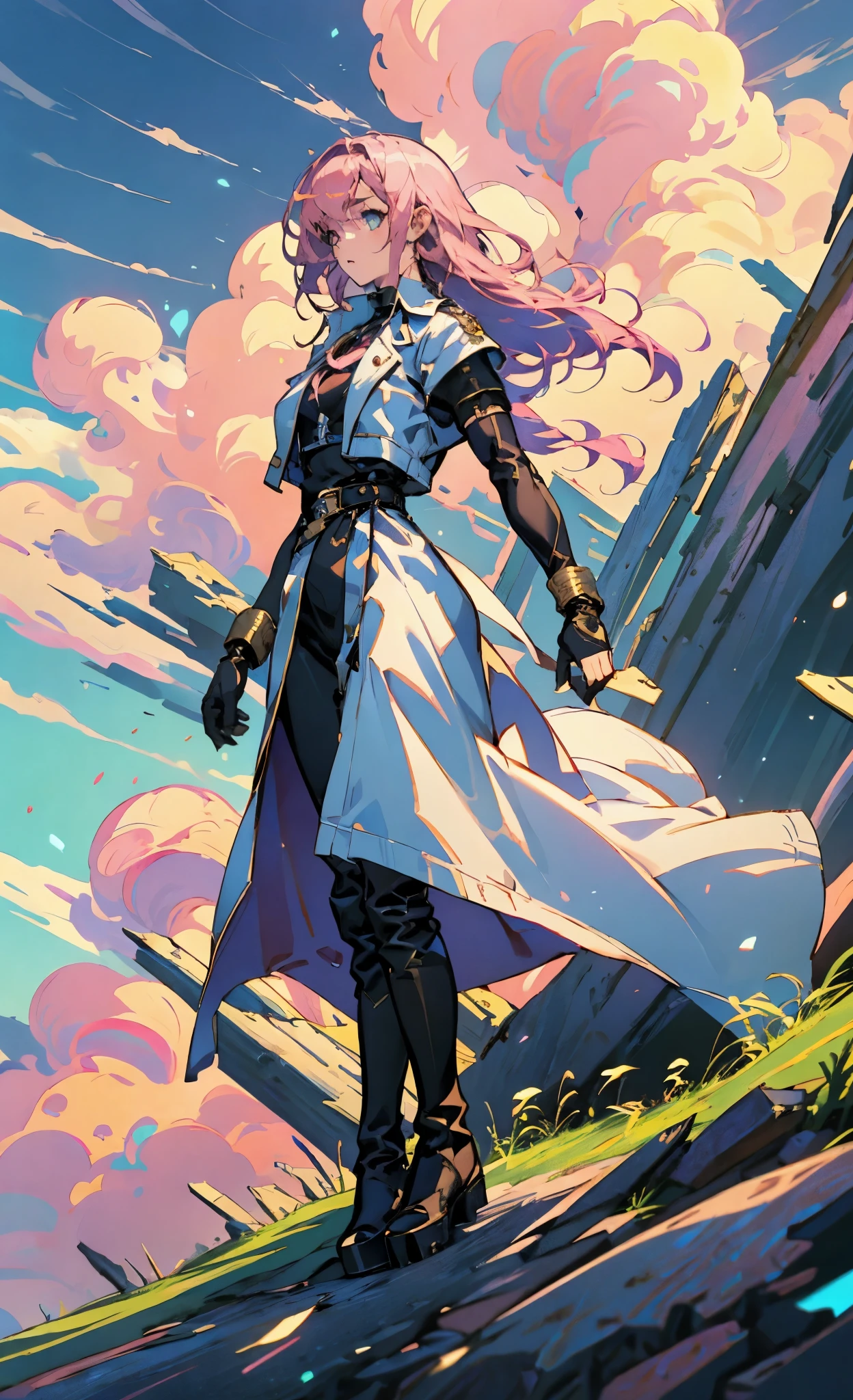 (A beautiful young girl with long curly pink hair, slender eyebrows, sparkling eyes, a bewildered expression, an oval-shapedl face with pale skin, a knee-length form-fitting leather trench coat with very short sleeves, she adorns both hands with metallic wrist guards in a sci-fi ancient civilization style, her long legs are clad in leather boots as she soars through the misty clouds), this character embodies a finely crafted fantasy-realism style western ranger in anime style, exquisite and mature manga art style, porcelain skin, perfect skin, perfect eyes, high definition, best quality, highres, ultra-detailed, ultra-fine painting, extremely delicate, professional, anatomically correct, symmetrical face, extremely detailed eyes and face, high quality eyes, creativity, RAW photo, UHD, 32k, Natural light, cinematic lighting, masterpiece-anatomy-perfect, masterpiece:1.5
