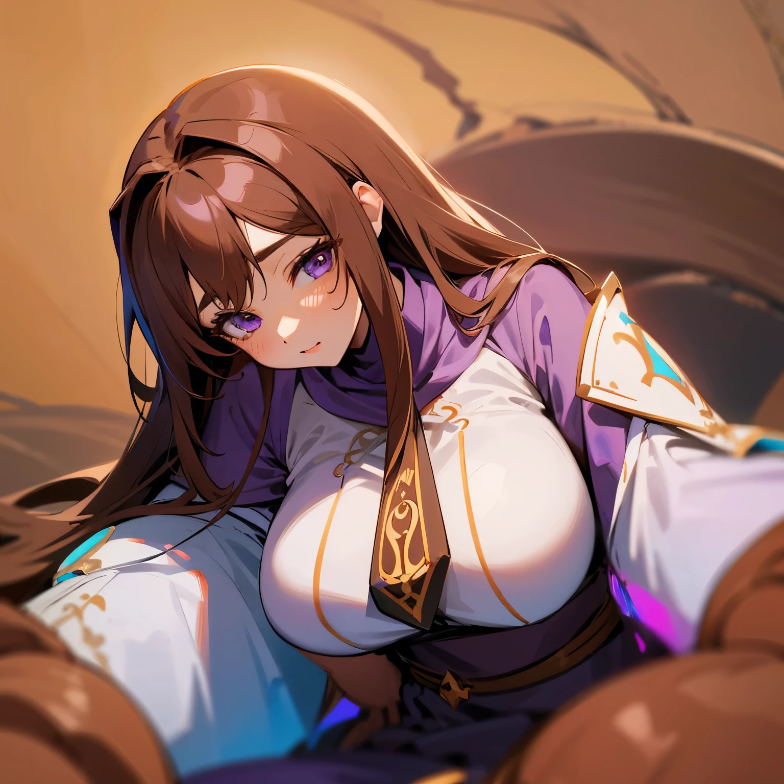 Make a woman with brown hair dyed purple at the ends, com olhos azuis e uma pele palida, com grande seios e coxas grossas em 2d