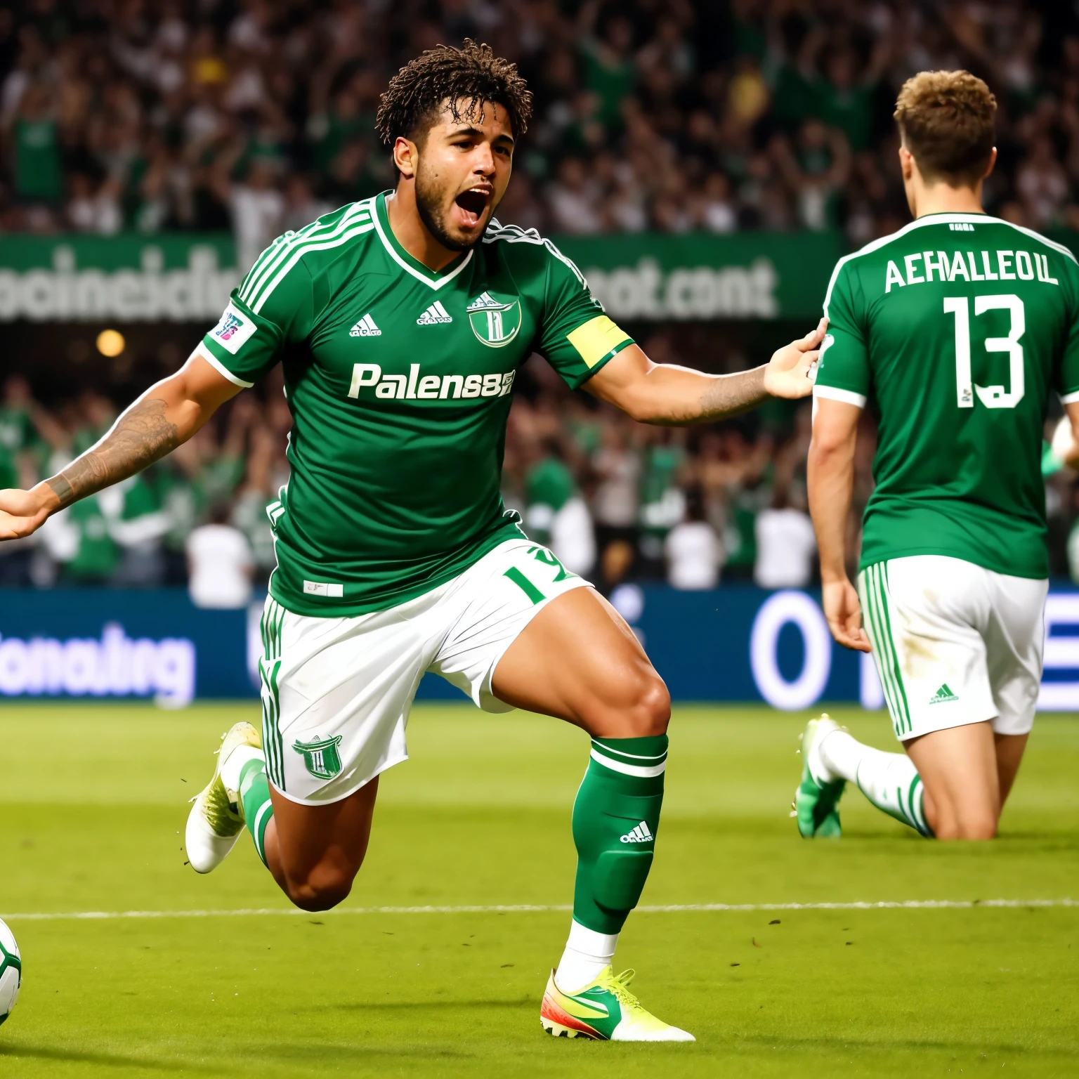 Palmeiras player celebrating by going down on his knee after scoring a hit and changing the score of the game Jubilant Palmeiras athlete, triumphantly sliding on one knee post-goal, shifting the game's score
A Palmeiras player, joyously kneeling after scoring a goal and altering the game's dynamics
Exuberant Palmeiras athlete celebrates by taking a sliding knee after scoring crucial goal
Palmeiras athlete triumphantly slides on one knee in celebration of scoring a decisive goal.