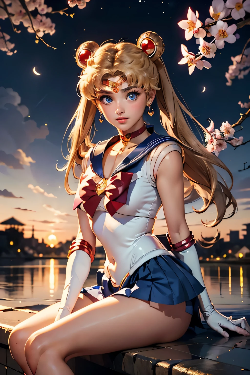 (masterpiece), best quality, expressive eyes, perfect face,((((sailor moon)))), usagi,1girl, bicycle, blonde hair, solo, blue eyes, long hair, skirt, blue sailor collar, sailor collar, riding, double bun, , hair bun, gloves, pleated skirt, cherry blossoms, waves, twintails, blue skirt, petals, short sleeves, sailor senshi uniform, serafuku, outdoors, looking at viewer, crescent, white shirt, magical girl, water, sitting, parted bangs, shirt, miniskirt, cloud, hair ornament masterpiece, best quality, Ultra-precise depiction, Ultra-detailed depiction, official art,highres, BREAK, (extremely beautiful face),(high detailed face),beautiful detailed eyes, detailed lashes,(shiny skin), makeup,(blushing face erotic), BREAK, full body, ((toned slim body)),beautiful ass, toned buttocks, beautiful legs, BREAK, (((nice hands, perfect hands))), ((very beautiful breast)), BREAK, looking at the viewer, (((background that matches the character's situation and colors)))