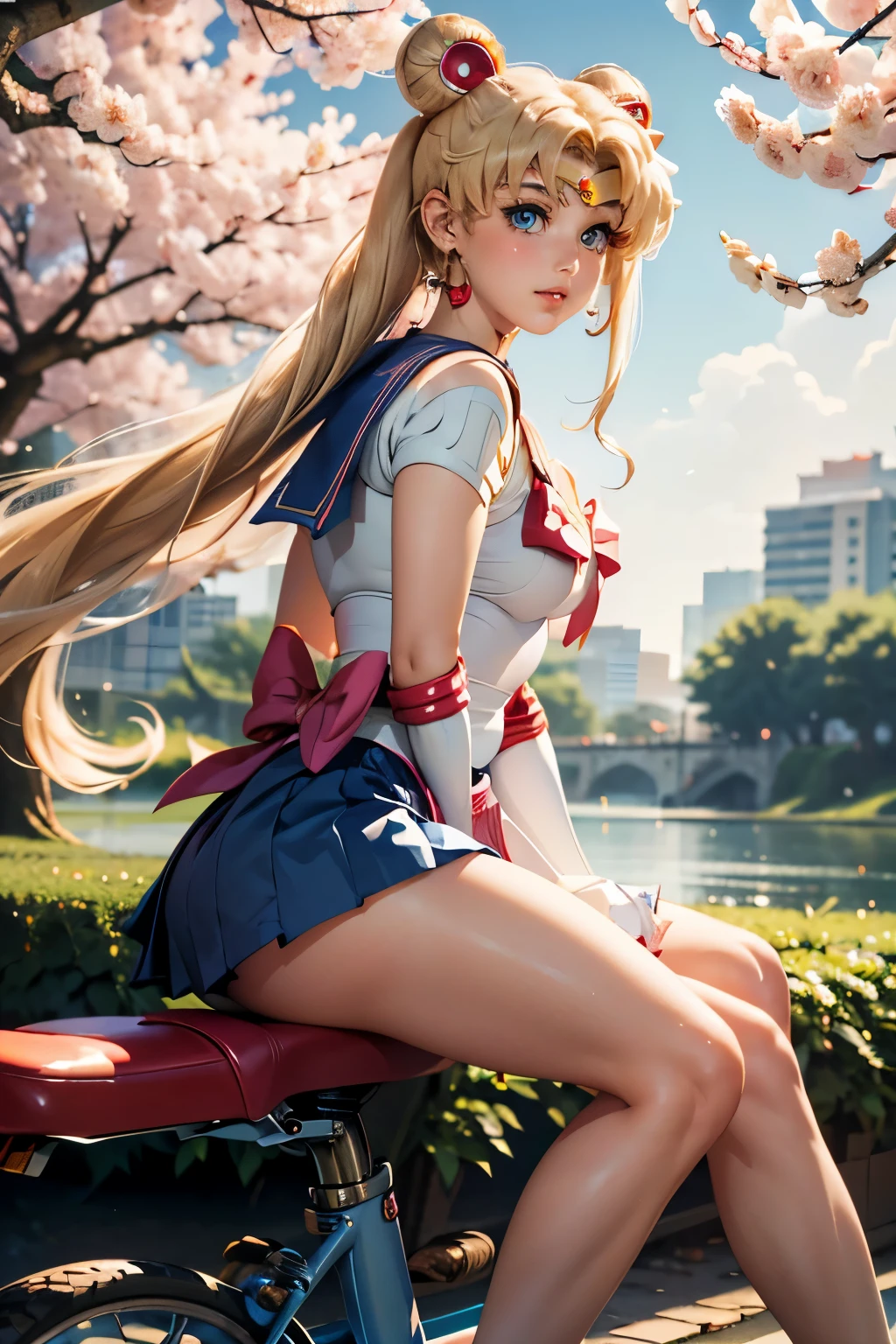 sailor moon, usagi,bicycle, bicycle basket, riding, solo, basket, 1girl, flower, shoes, water, riding bicycle, petals, outdoors, from side,  cherry blossoms, chinese clothes, dress, white background, long sleeves, full body, riding a bicycle at high speed,(masterpiece), best quality, expressive eyes, perfect face,((((sailor moon)))), usagi,1girl, bicycle, blonde hair, solo, blue eyes, long hair, skirt, blue sailor collar, sailor collar, riding, double bun, , hair bun, gloves, pleated skirt, cherry blossoms, waves, twintails, blue skirt, petals, short sleeves, sailor senshi uniform, serafuku, outdoors, looking at viewer, crescent, white shirt, magical girl, water, sitting, parted bangs, shirt, miniskirt, cloud, hair ornament masterpiece, best quality, Ultra-precise depiction, Ultra-detailed depiction, official art,highres, BREAK, (extremely beautiful face),(high detailed face),beautiful detailed eyes, detailed lashes,(shiny skin), makeup,(blushing face erotic), BREAK, full body, ((toned slim body)),beautiful ass, toned buttocks, beautiful legs, BREAK, (((nice hands, perfect hands))), ((very beautiful breast)), BREAK, looking at the viewer, (((background that matches the character's situation and colors)))