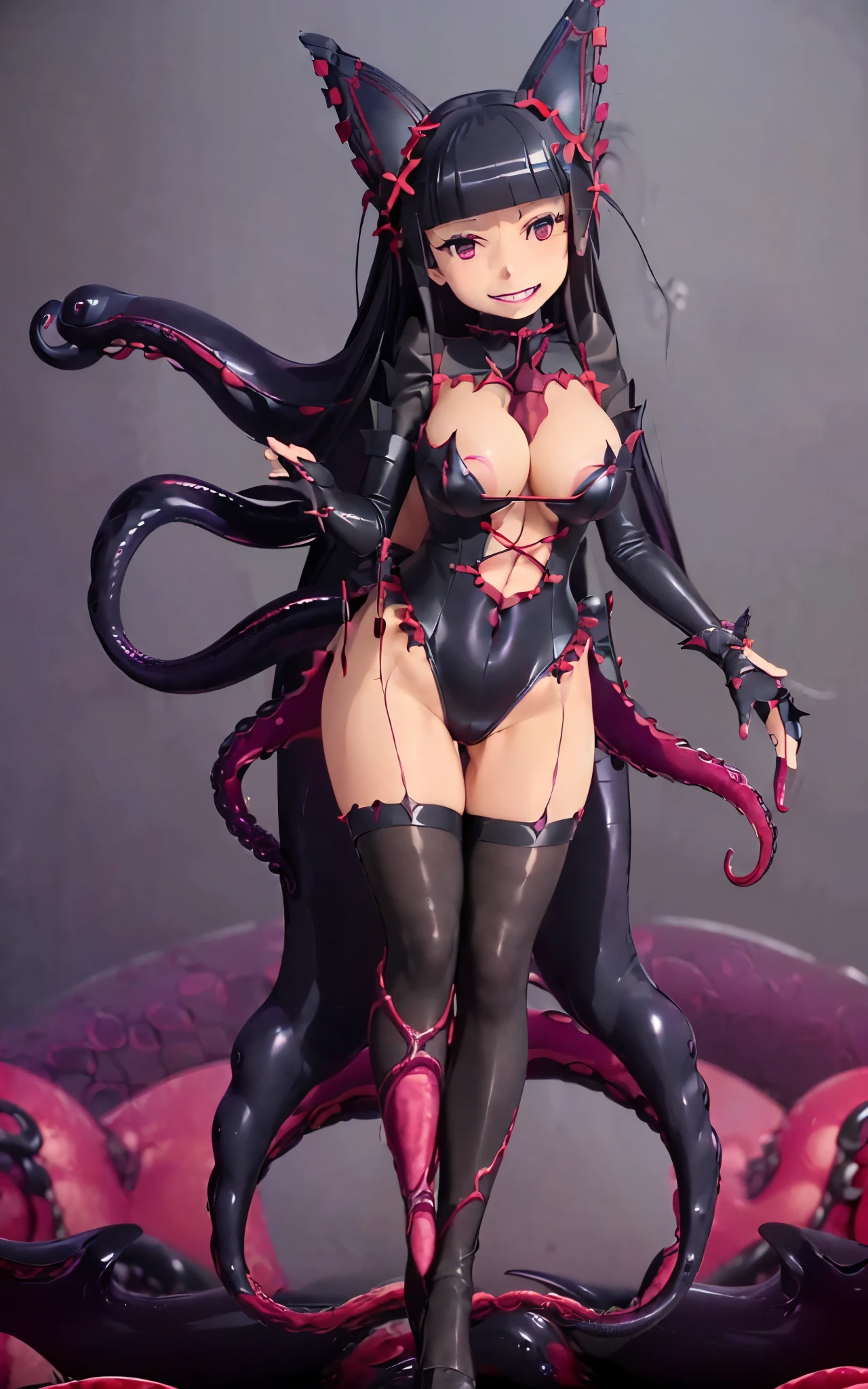 UHD, masterpiece, ccurate, anatomically correct, retina, textured skin, super detail, high details, high quality, 4K, 8k, (rory mercury:1.5), (Evil smile:1.7), (dark persona :1.3), (corruption:1.3), (empty eyes:1.5), (leotard:1.5), closed mouth, (big breasts:1.6), (tentacle:1.5), (full body view:1.5), (1 girl:1.5), (simple background:1.3)