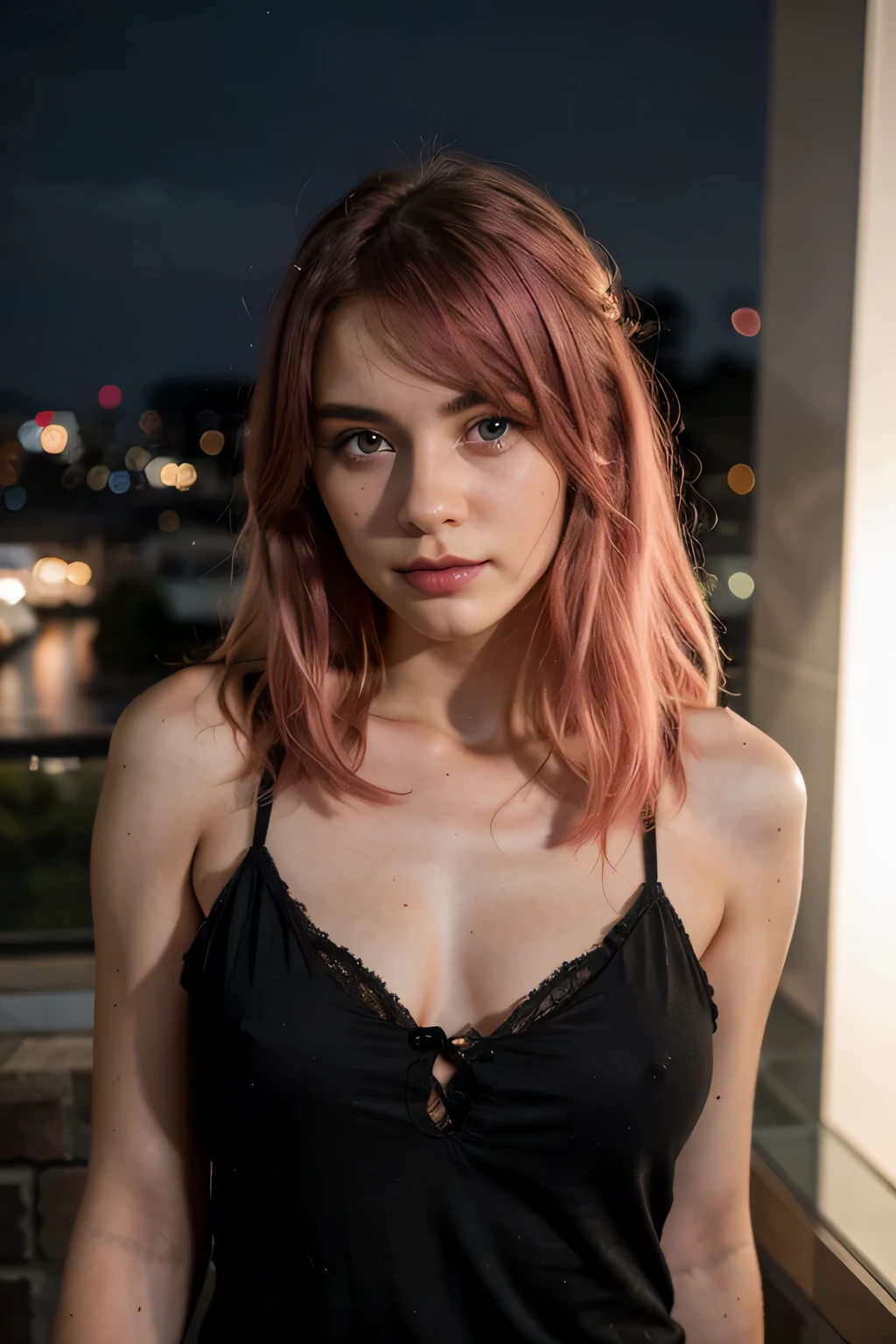 photography of a 20yo woman, perfect face, detailed, masterpiece,  pink hair, Night outfit